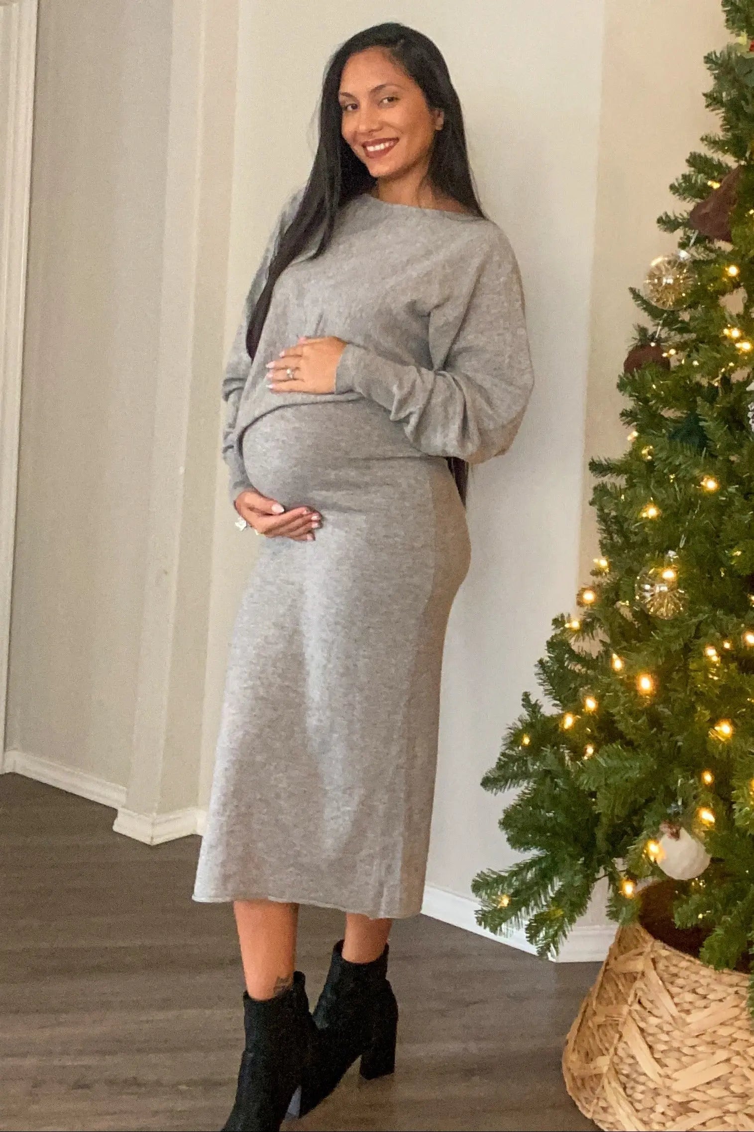 Heather Grey Knit Asymmetrical Top Midi Skirt Maternity Set PinkBlush