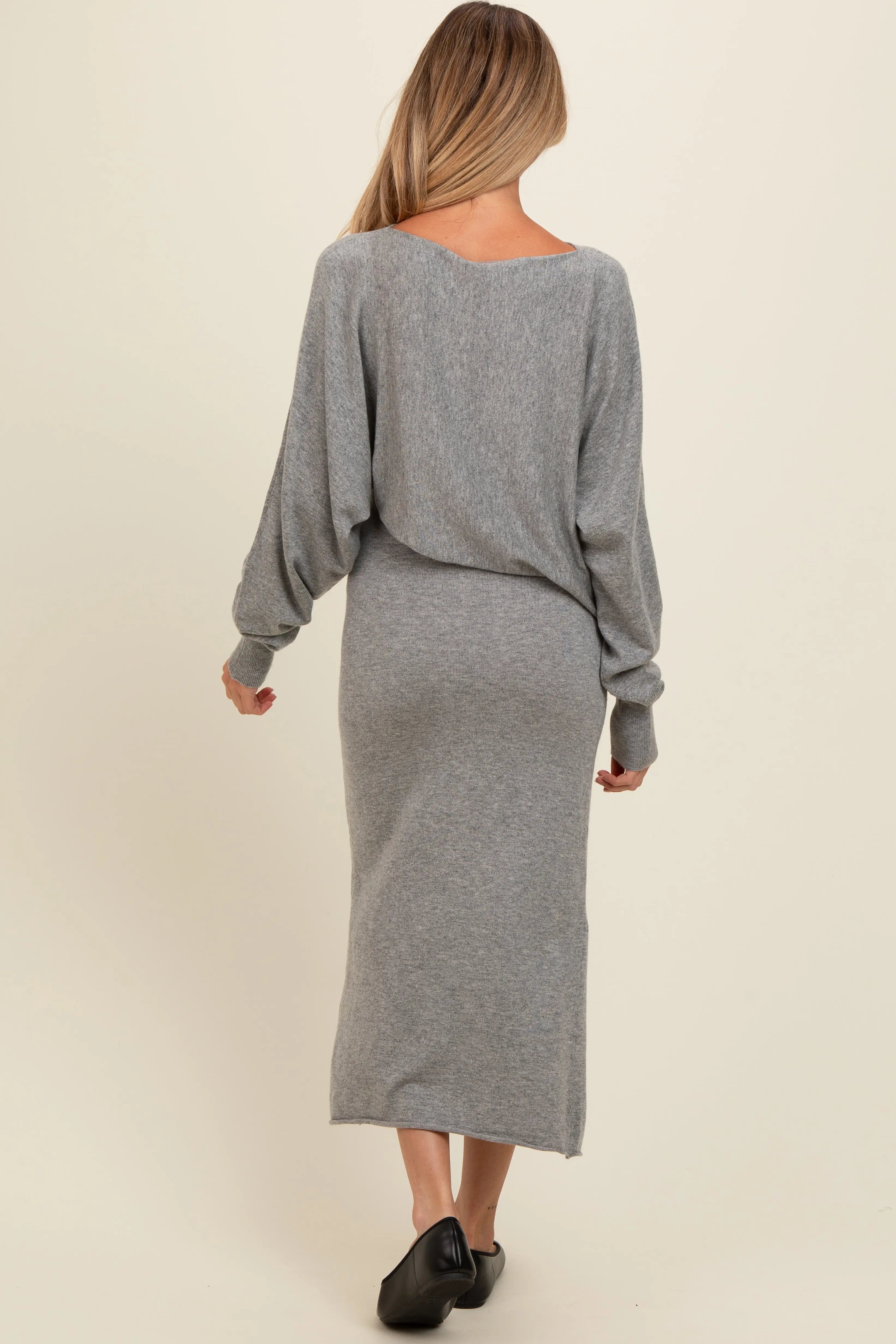 Heather Grey Knit Asymmetrical Top Midi Skirt Maternity Set PinkBlush