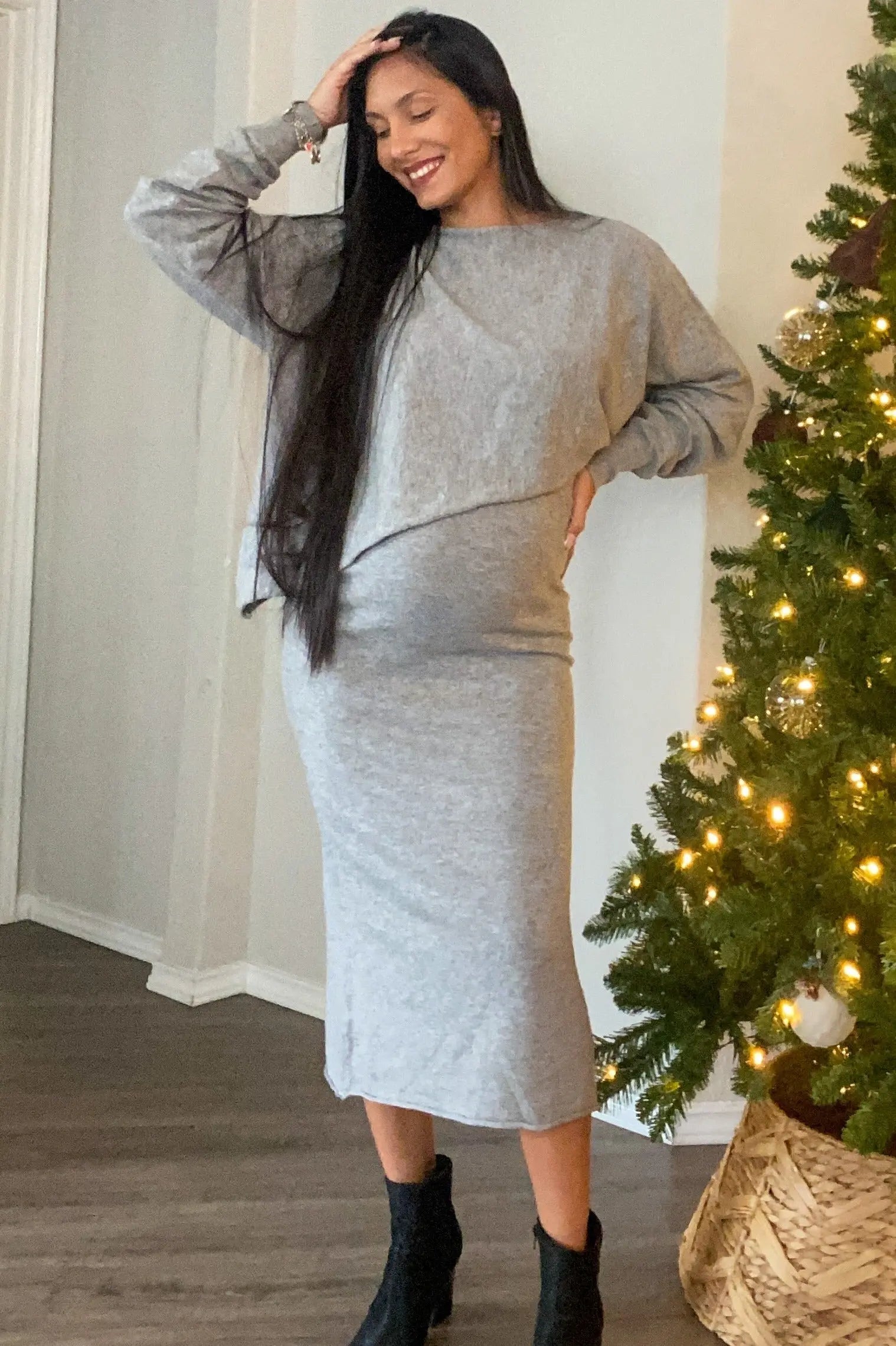 Heather Grey Knit Asymmetrical Top Midi Skirt Maternity Set PinkBlush