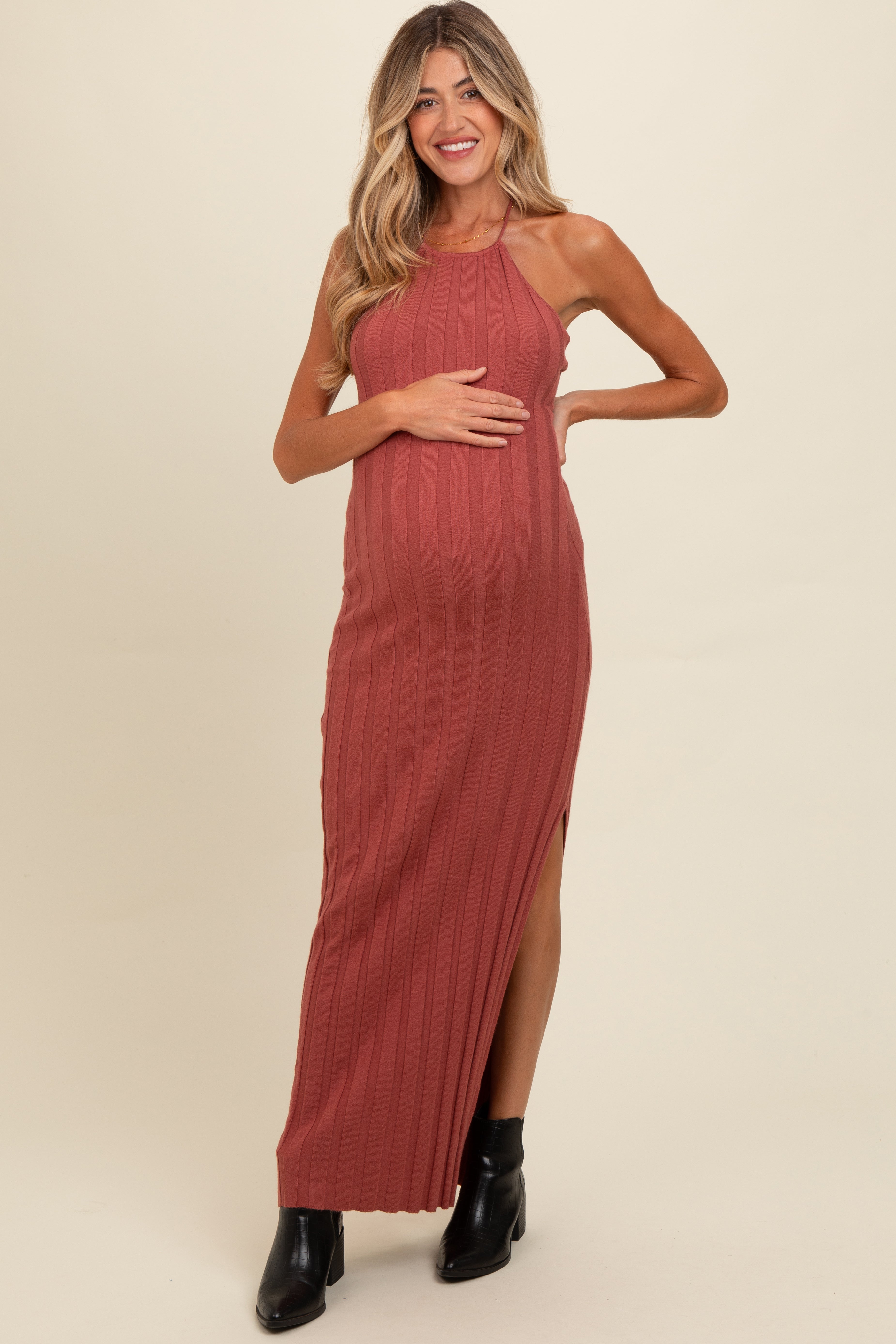 PinkBlush rust ribbed maternity maxi dress side profile and fit