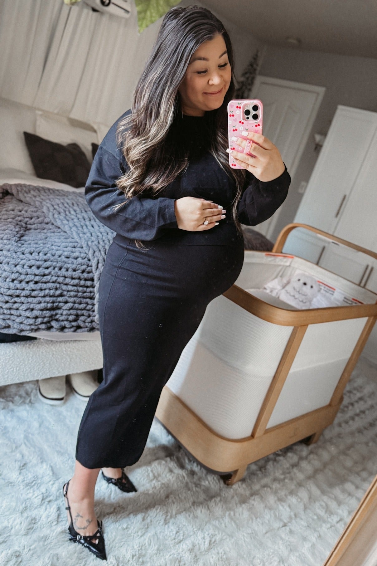 Black Knit Midi Skirt Sweater Maternity Set PinkBlush