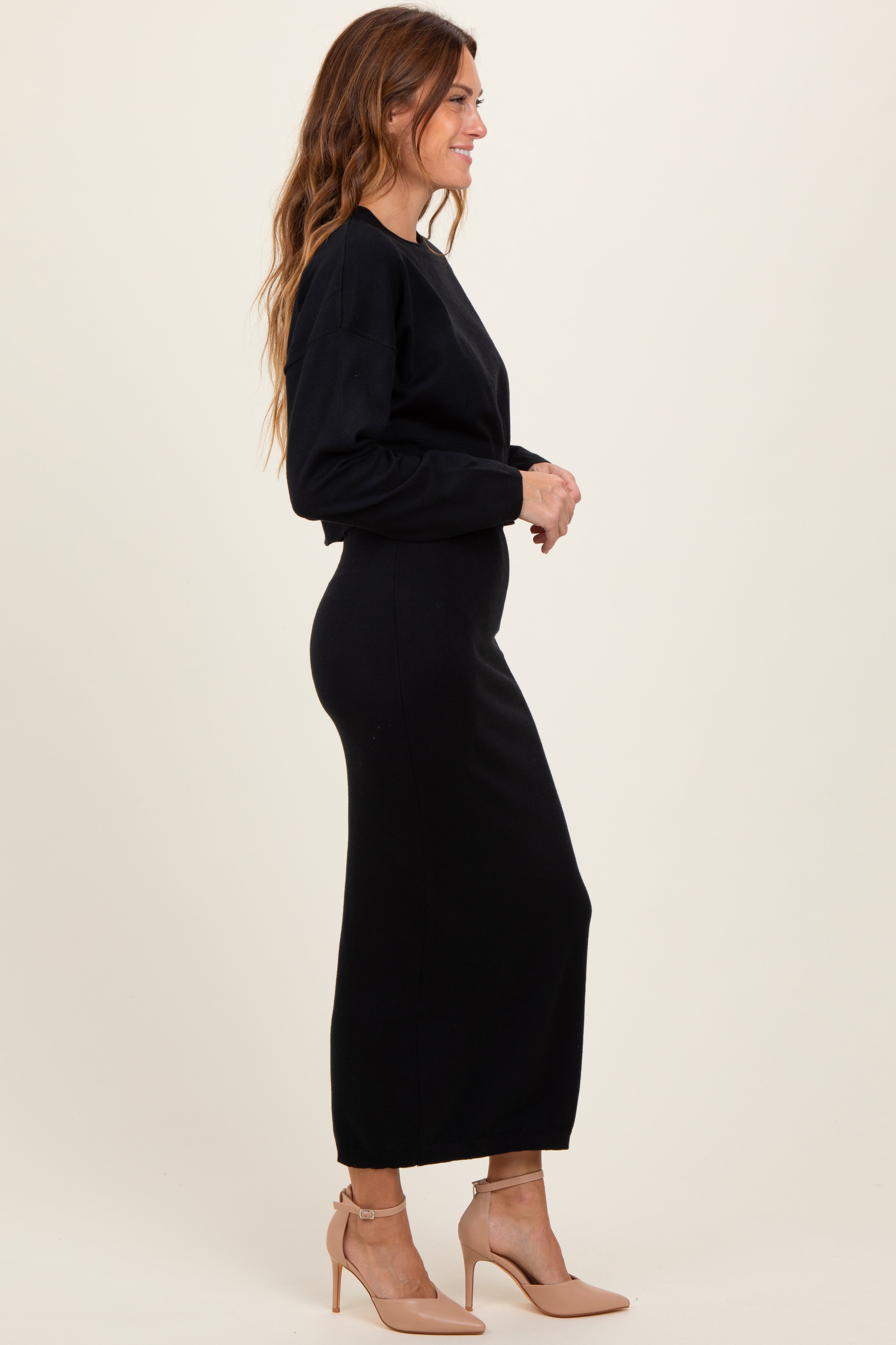 Black Knit Midi Skirt Sweater Set PinkBlush