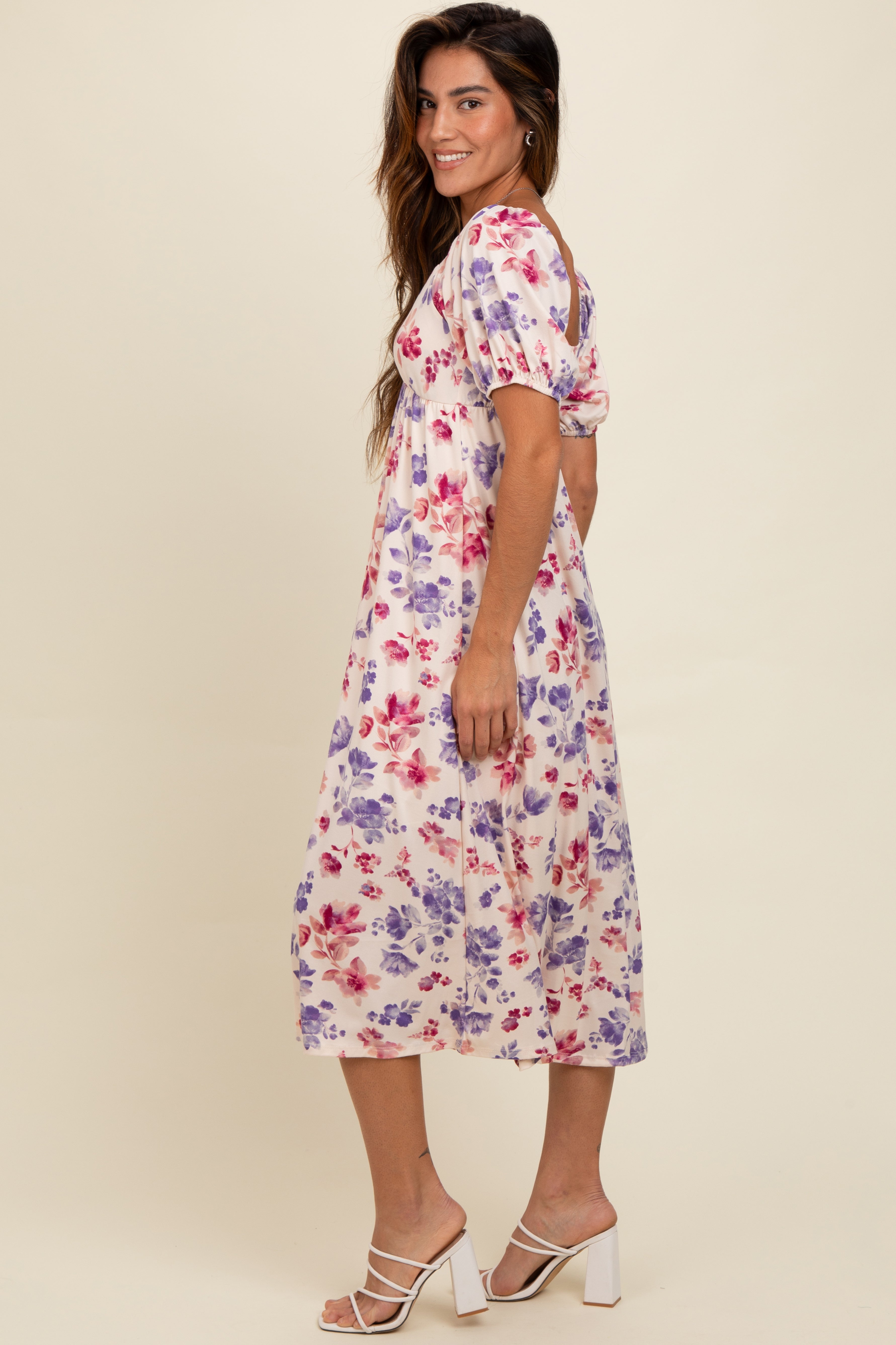 Ivory Floral V-Neck Midi Dress PinkBlush