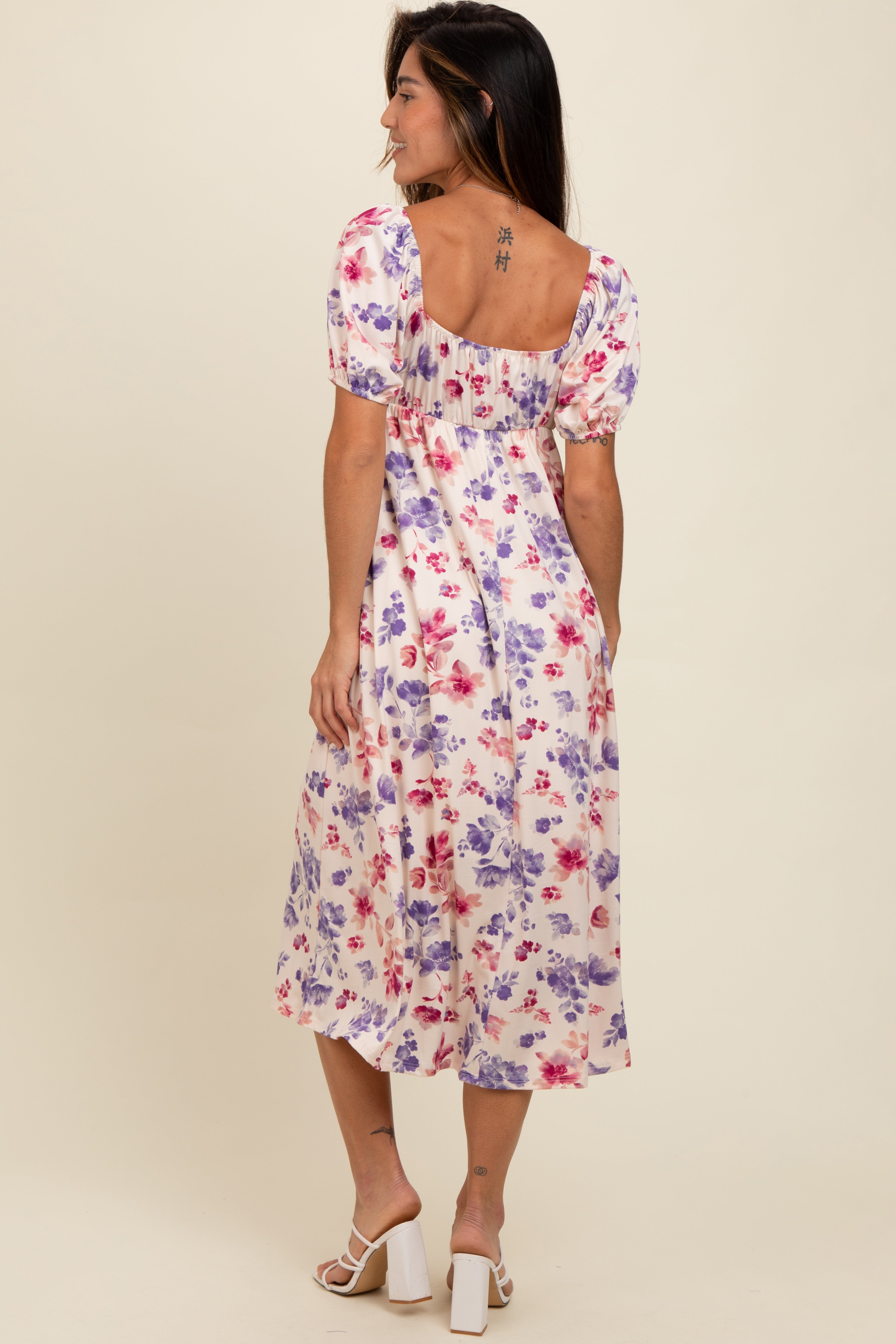 Ivory Floral V-Neck Midi Dress PinkBlush