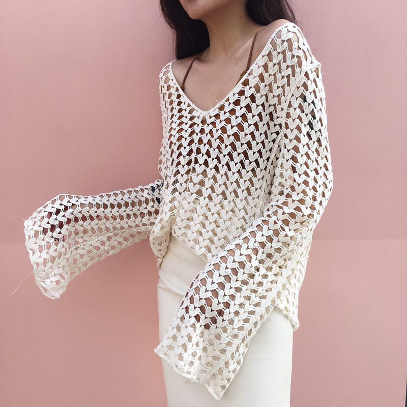 Korean Cotton Thread Hollow Out Cutout Crochet Embroidery Floral Women Long Sleeve Bottoming Shirt Smock Top Sun Protective Blouse Bella Mia