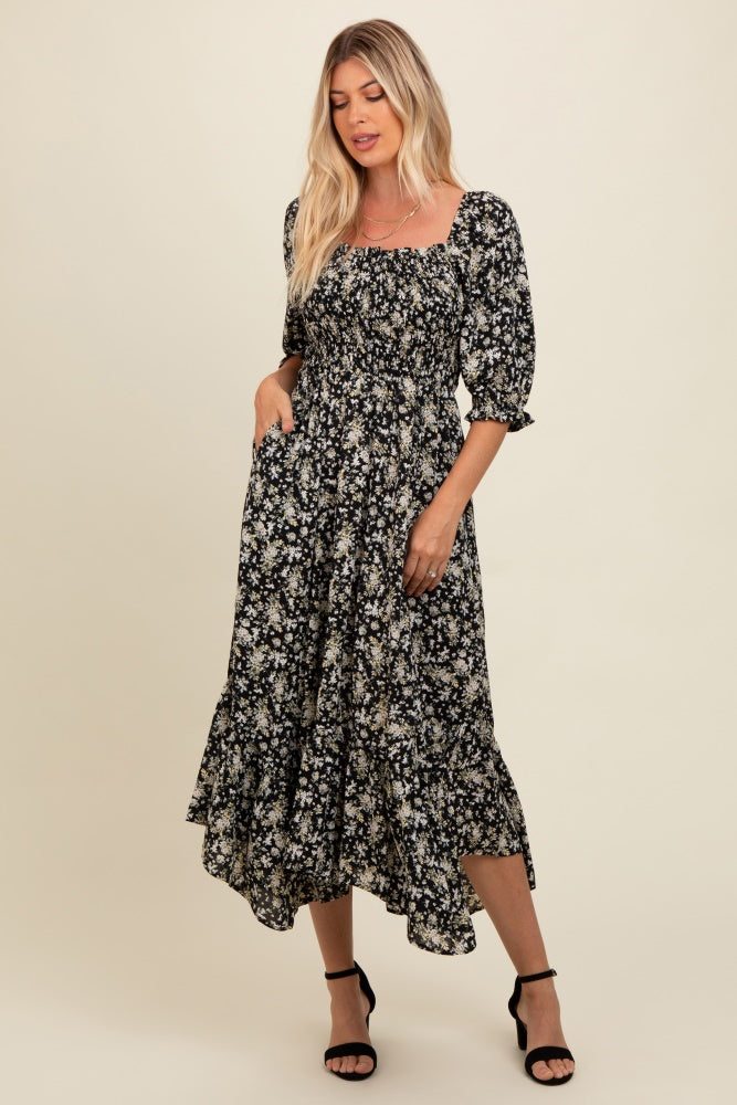 Black Smocked Handkerchief Hem Dress PinkBlush