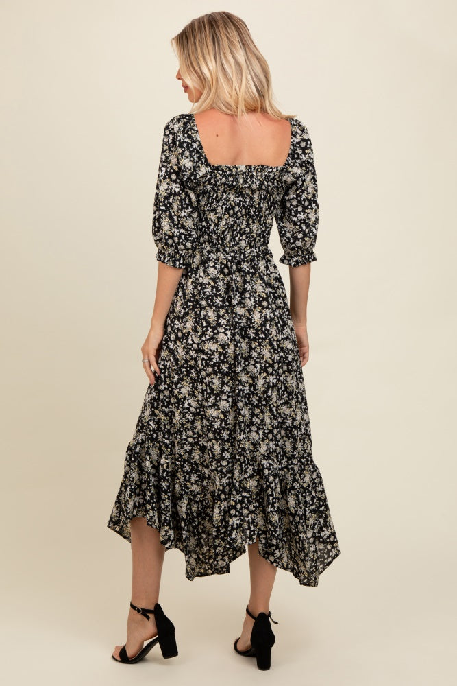 Black Smocked Handkerchief Hem Dress PinkBlush