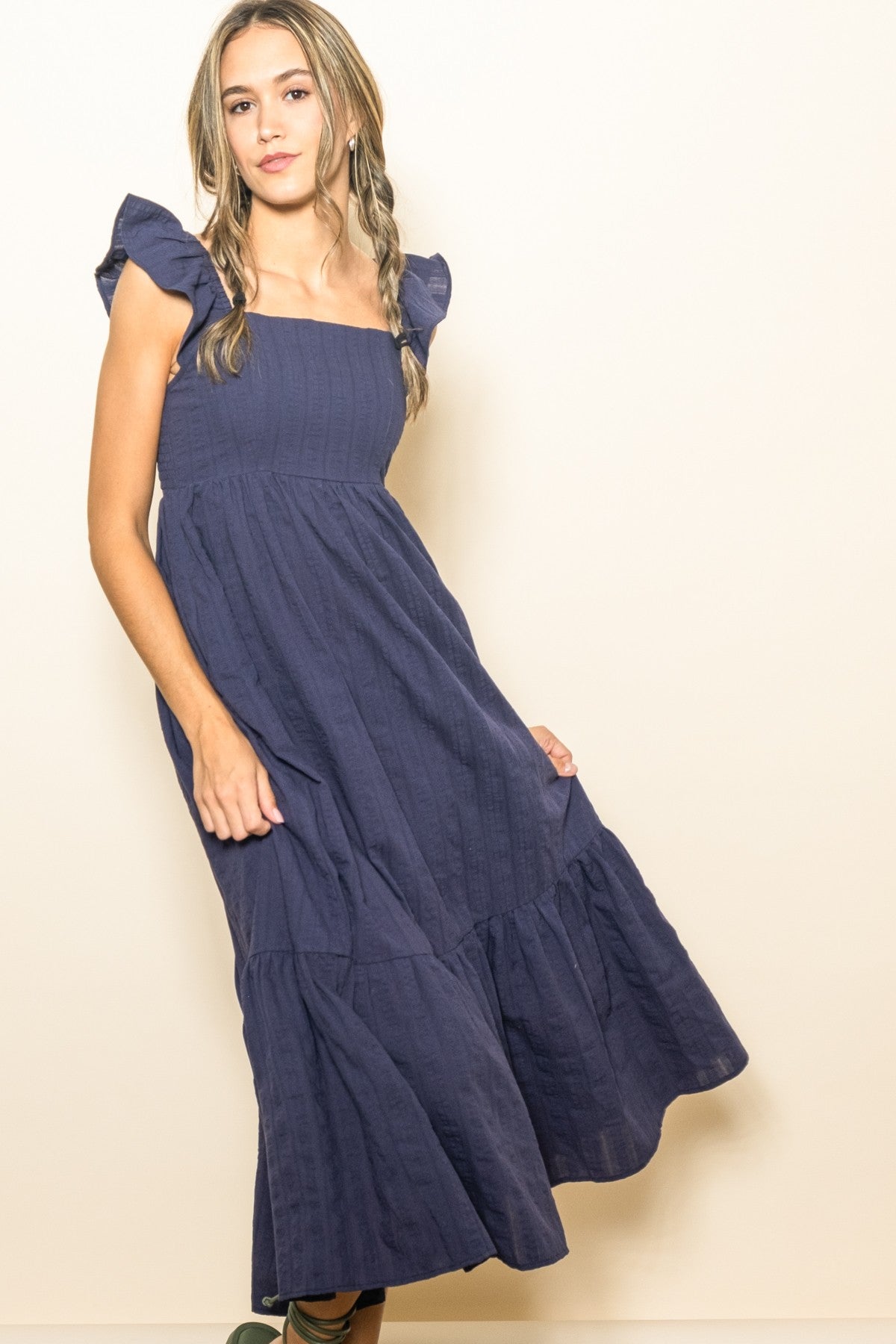 Navy Blue Textured Cotton Ruffle Strap Maternity Midi Dress PinkBlush