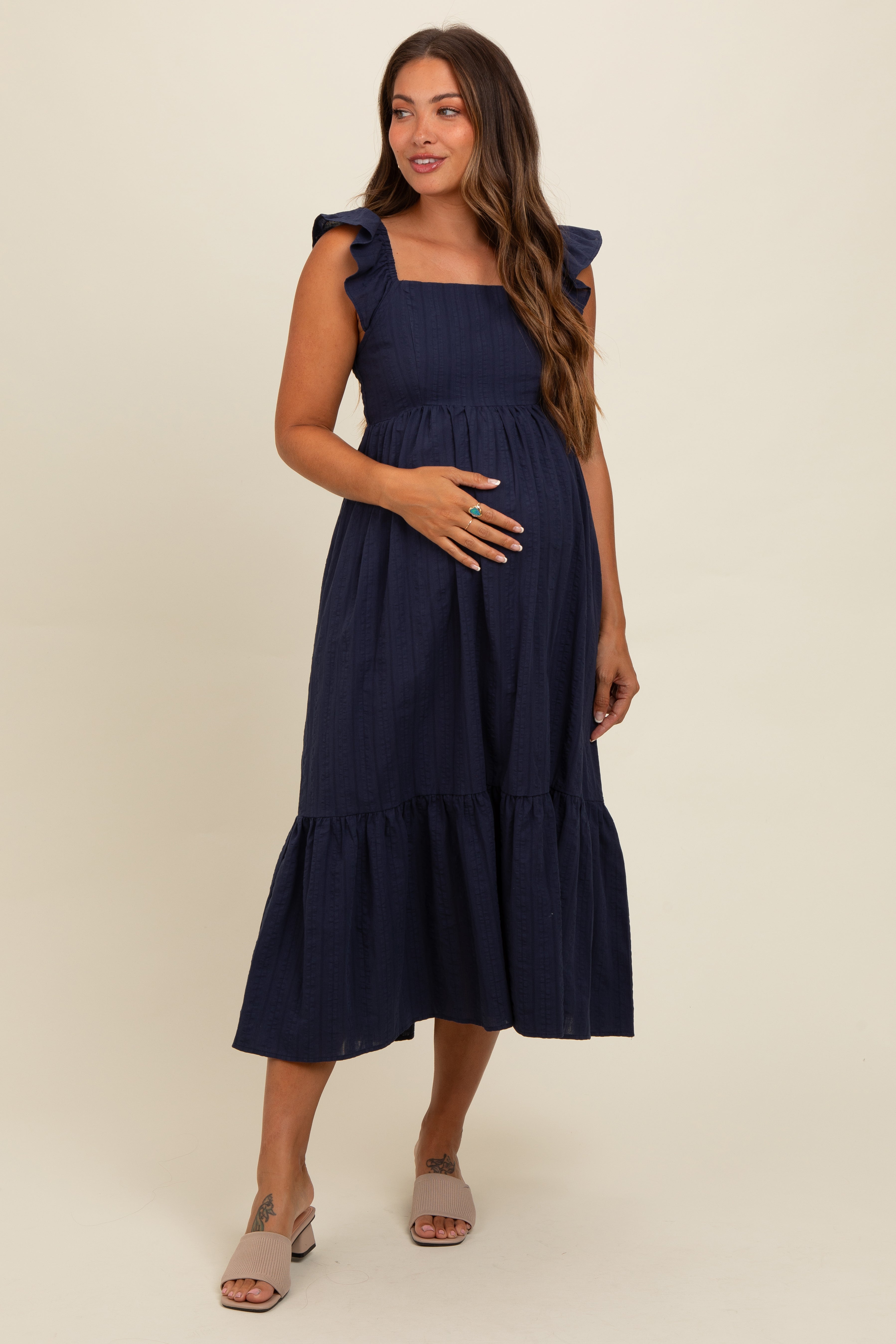 Navy Blue Textured Cotton Ruffle Strap Maternity Midi Dress PinkBlush