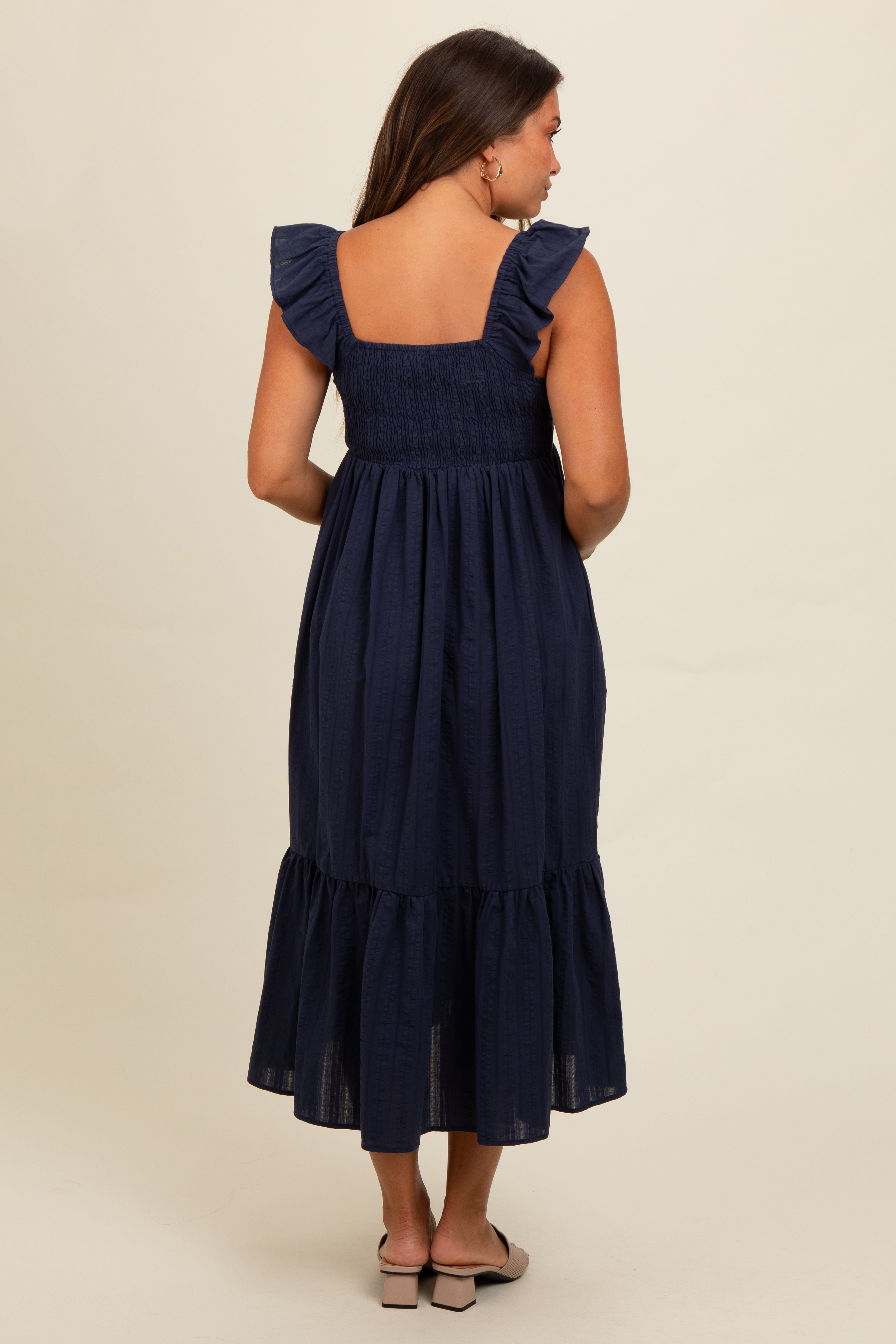 Navy Blue Textured Cotton Ruffle Strap Maternity Midi Dress PinkBlush