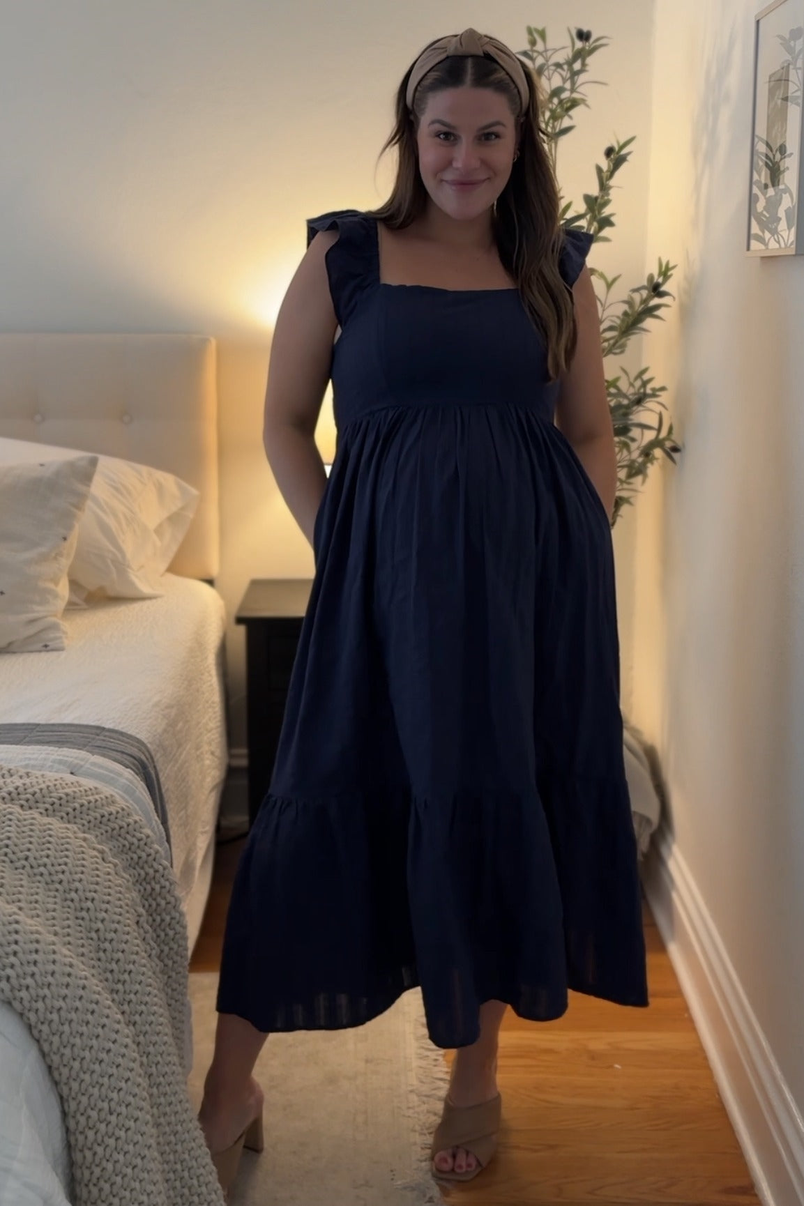 Navy Blue Textured Cotton Ruffle Strap Maternity Midi Dress PinkBlush