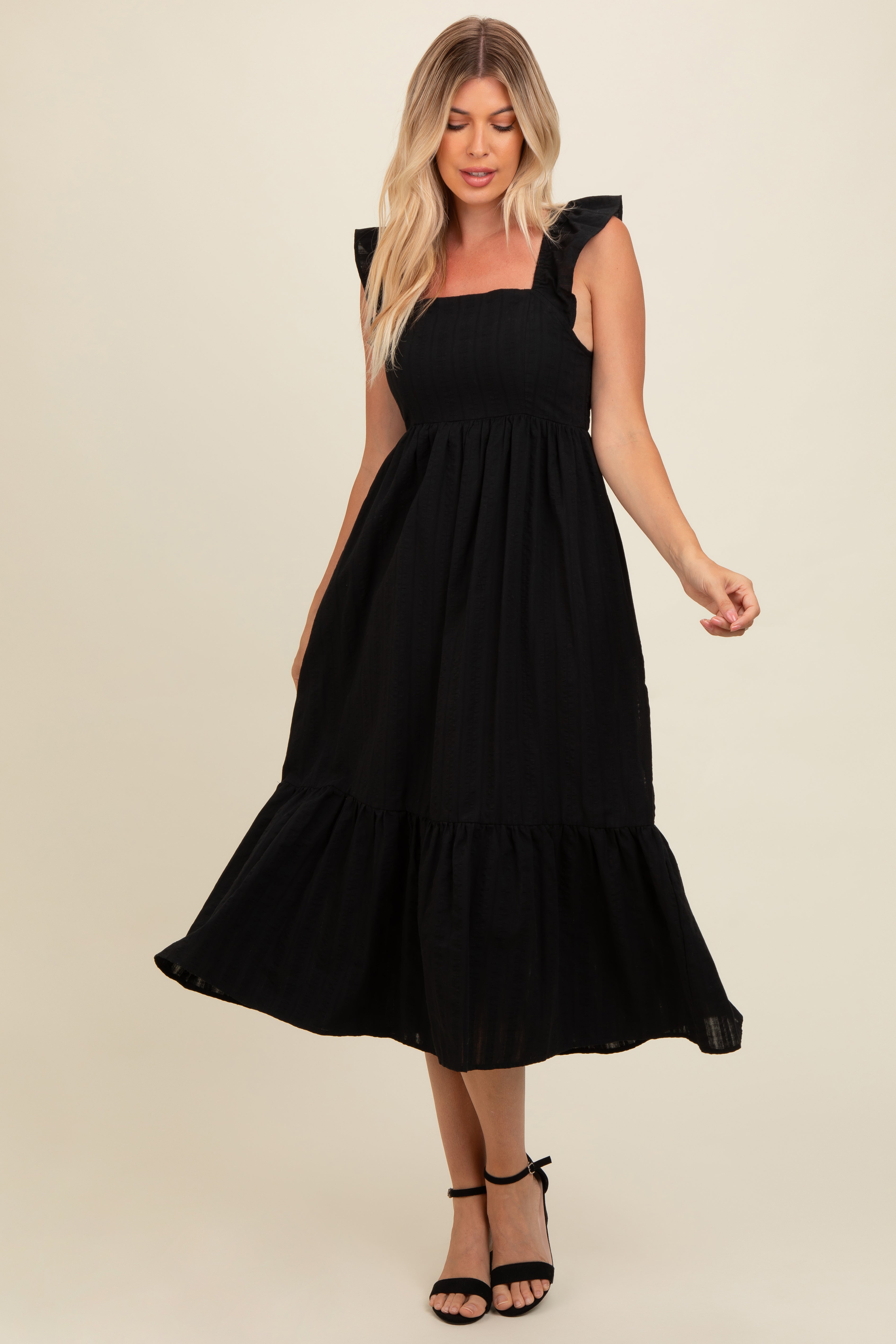 Black Textured Cotton Ruffle Strap Maternity Midi Dress PinkBlush