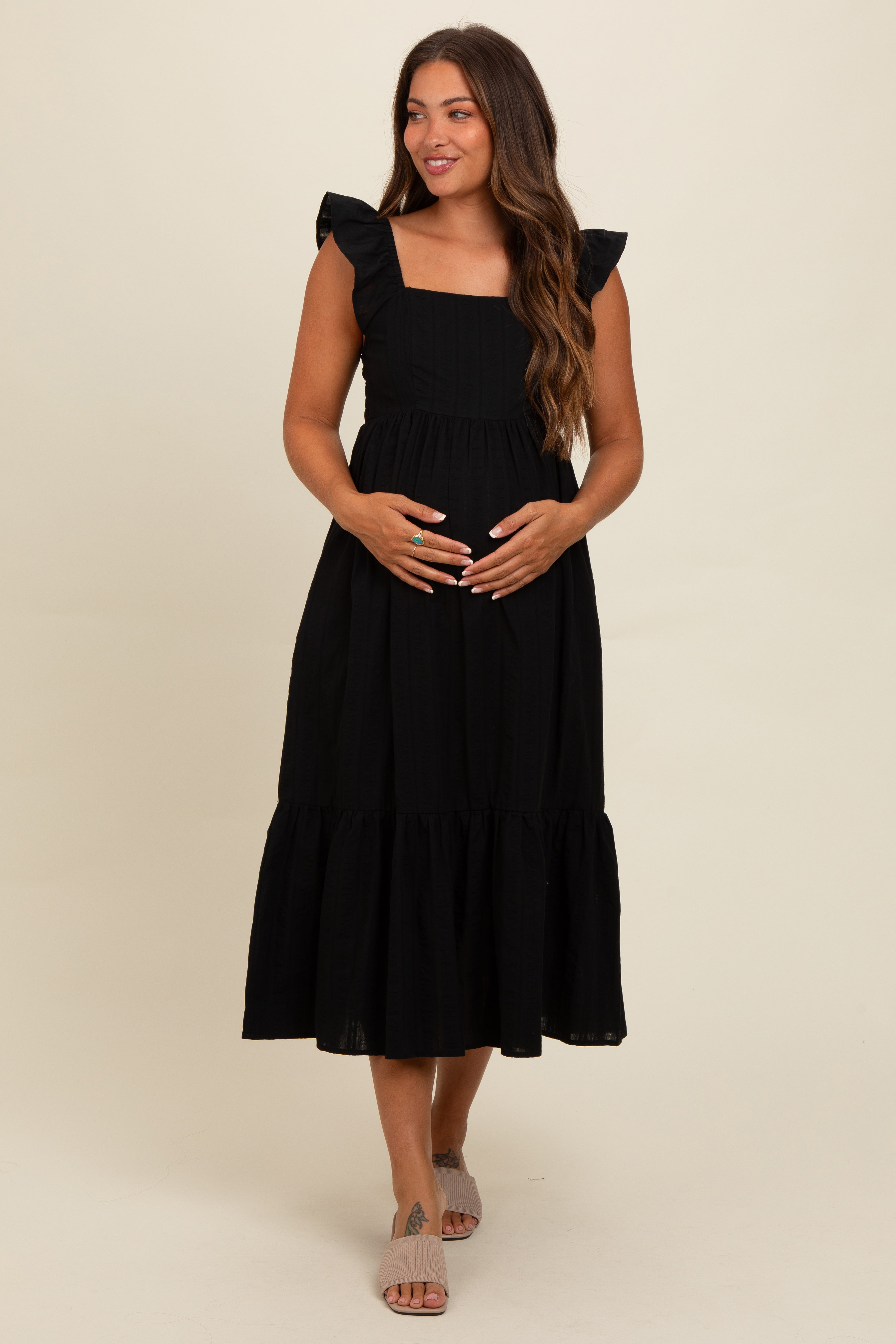 Black Textured Cotton Ruffle Strap Maternity Midi Dress PinkBlush