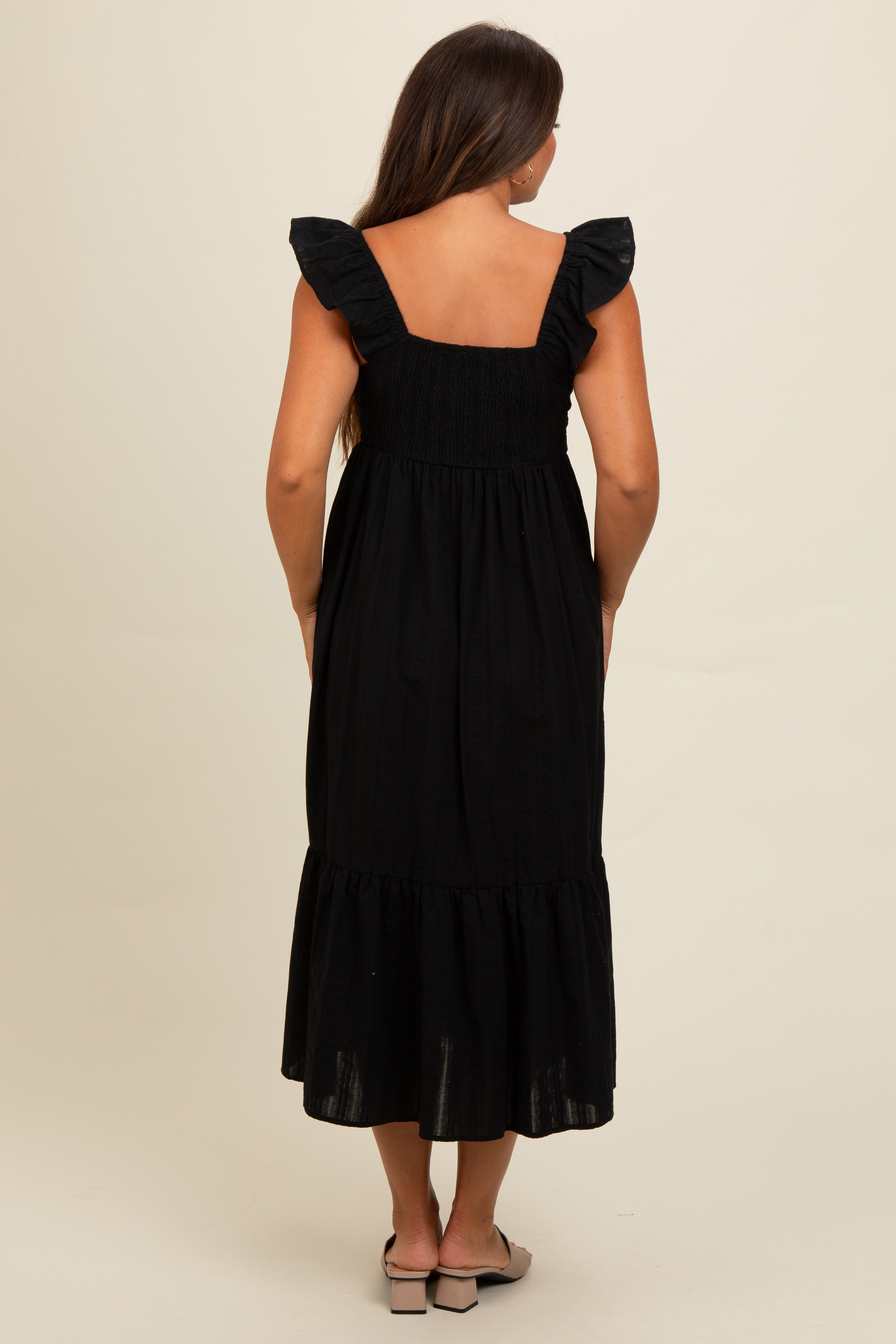 Black Textured Cotton Ruffle Strap Maternity Midi Dress PinkBlush