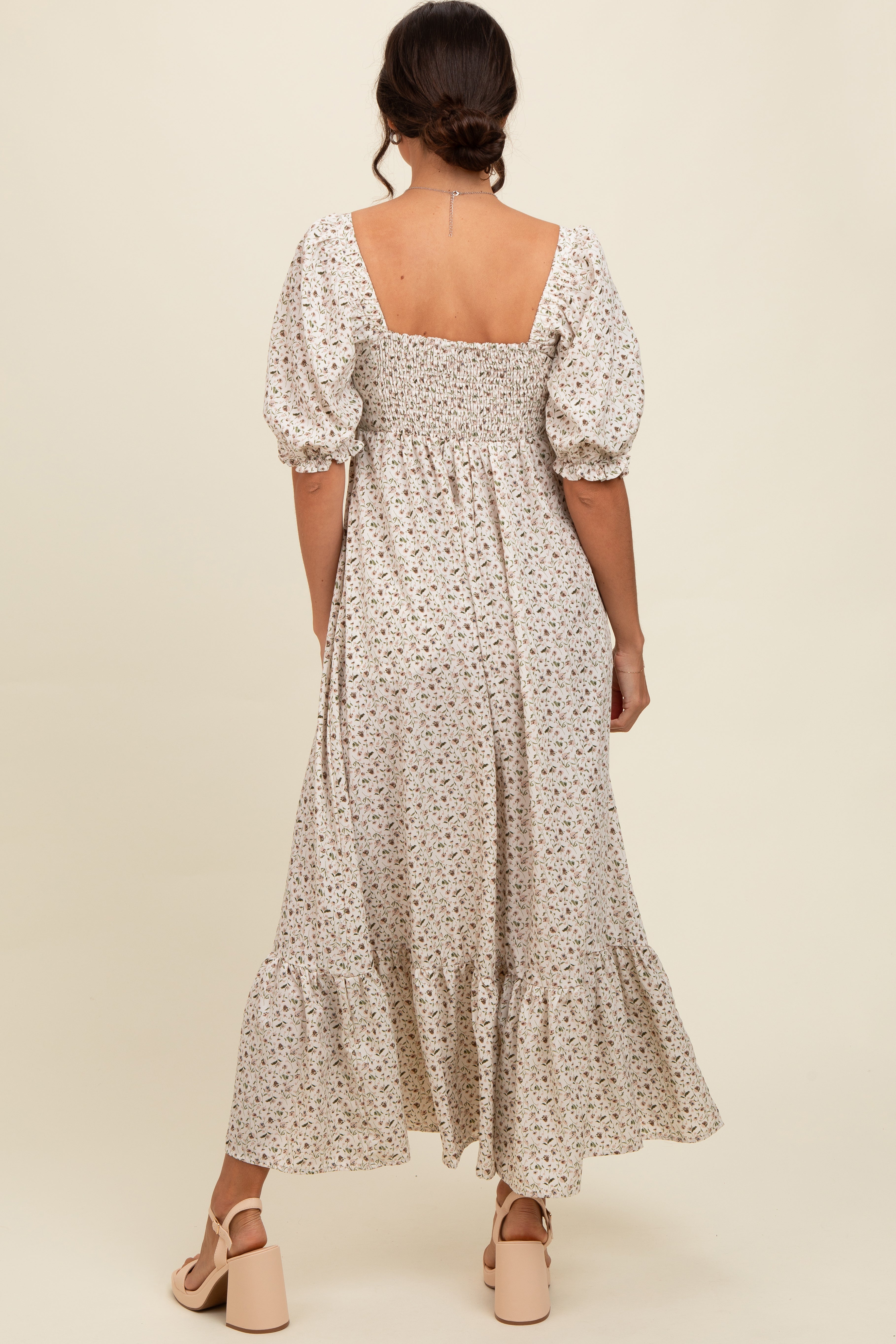 PinkBlush ivory floral pleated maxi dress styled full length