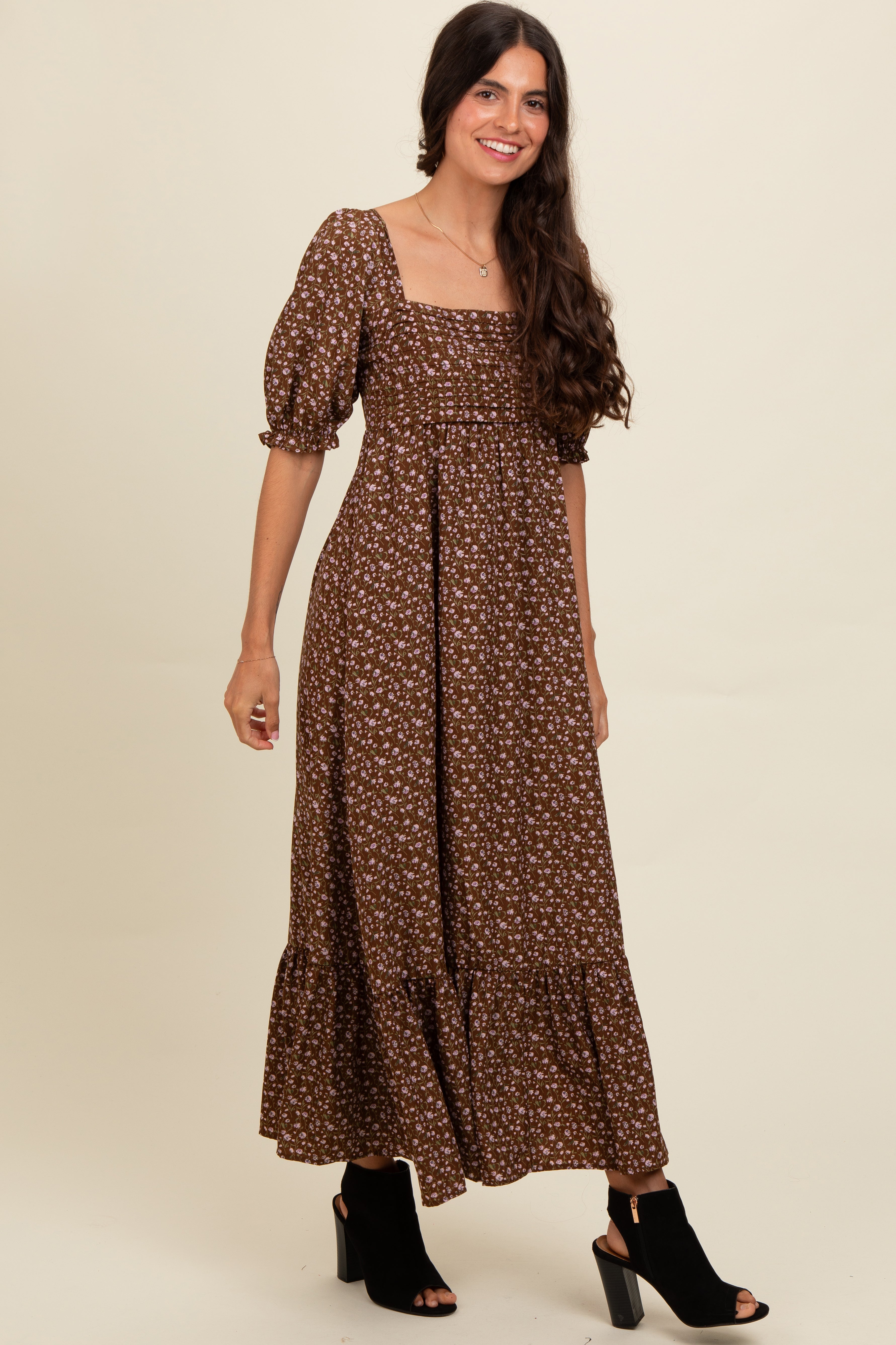 Mocha Floral Pleated Bodice Maxi Dress PinkBlush
