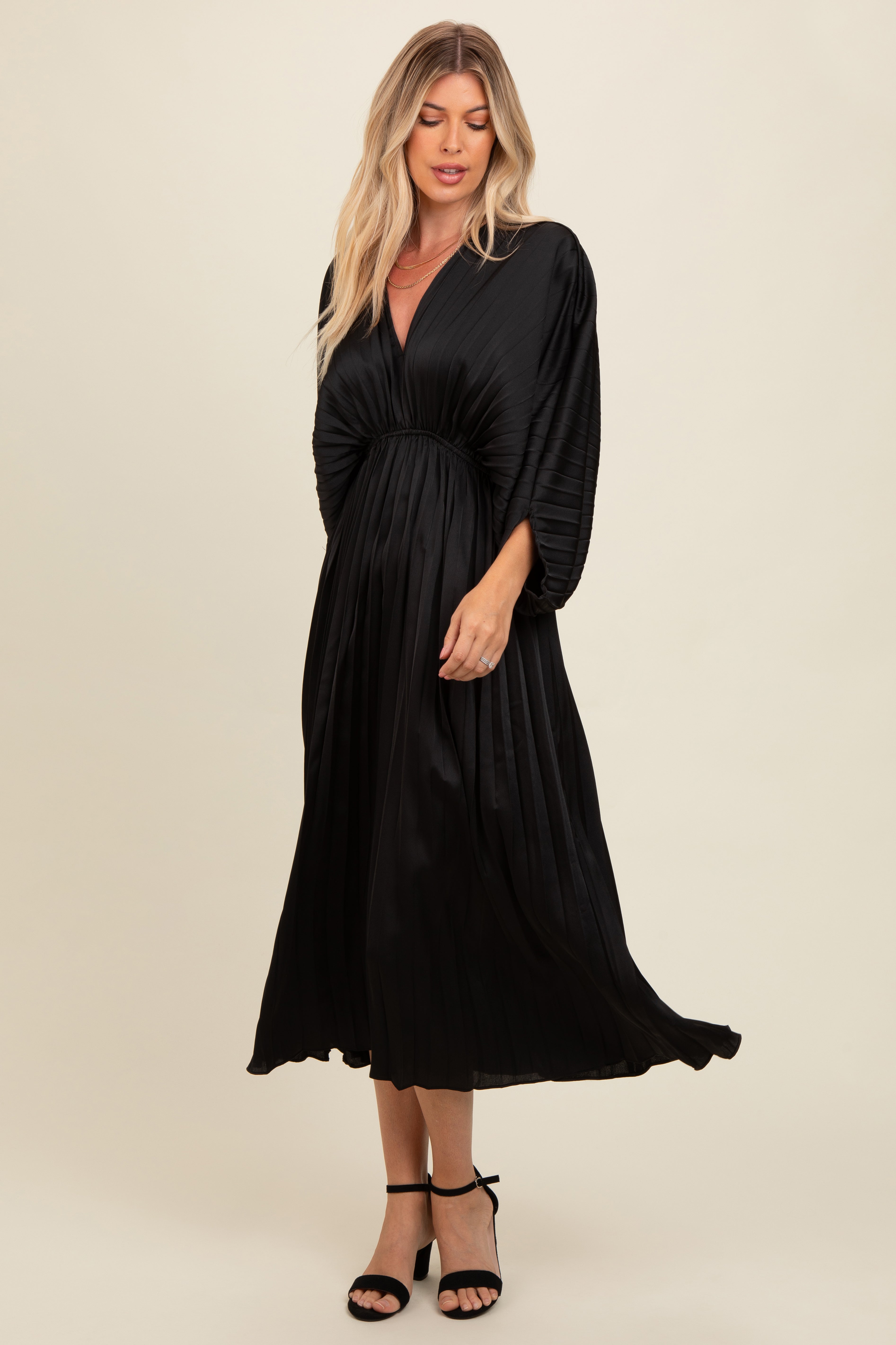 PinkBlush Black Satin Pleated V-Neck Maxi Dress - Main Product Image
