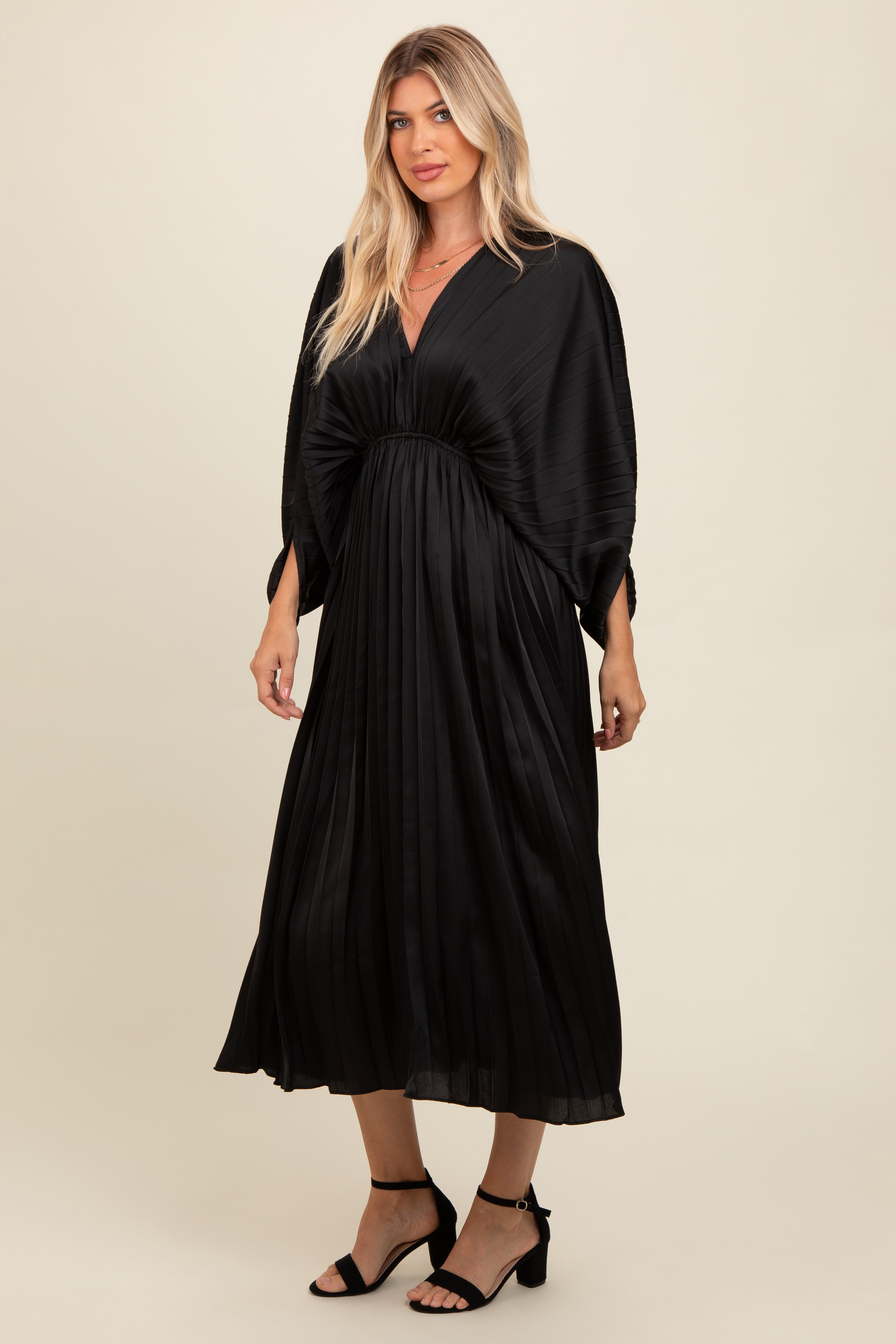 PinkBlush Black Satin Pleated V-Neck Maxi Dress - Detail View