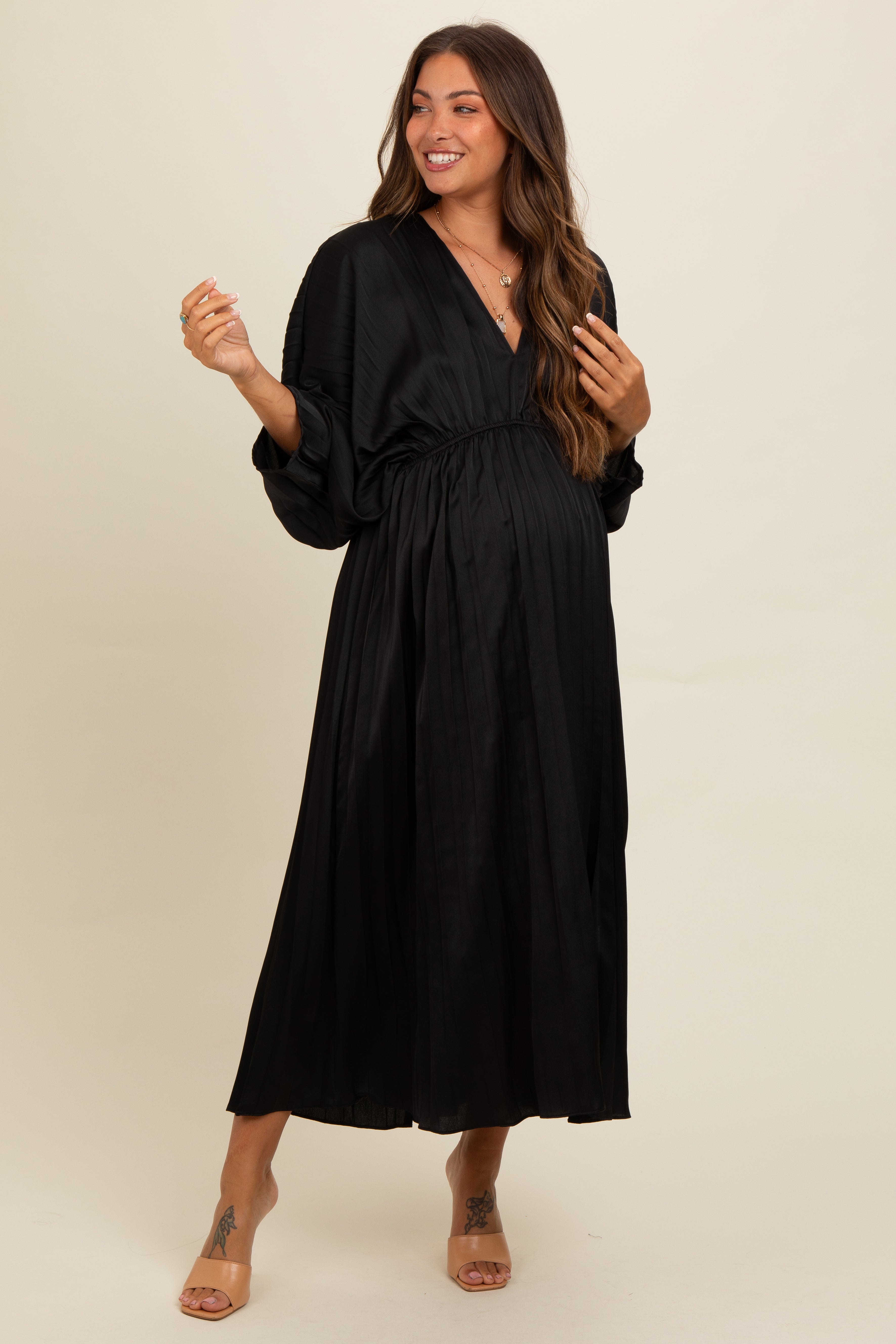 PinkBlush Black Satin Pleated V-Neck Maternity Maxi Dress - Main Product Image