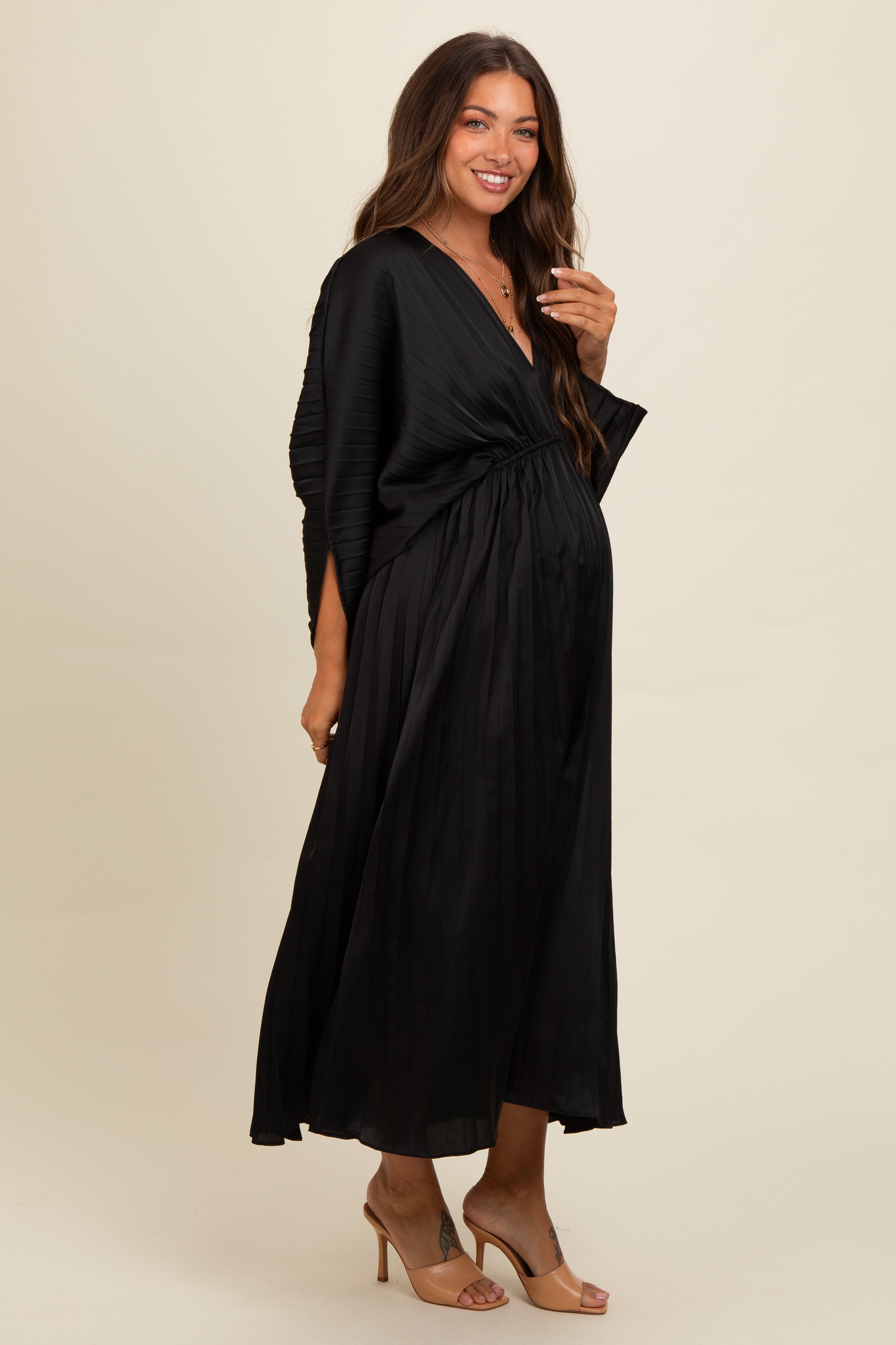 PinkBlush Black Satin Pleated V-Neck Maternity Maxi Dress - Alternate Angle