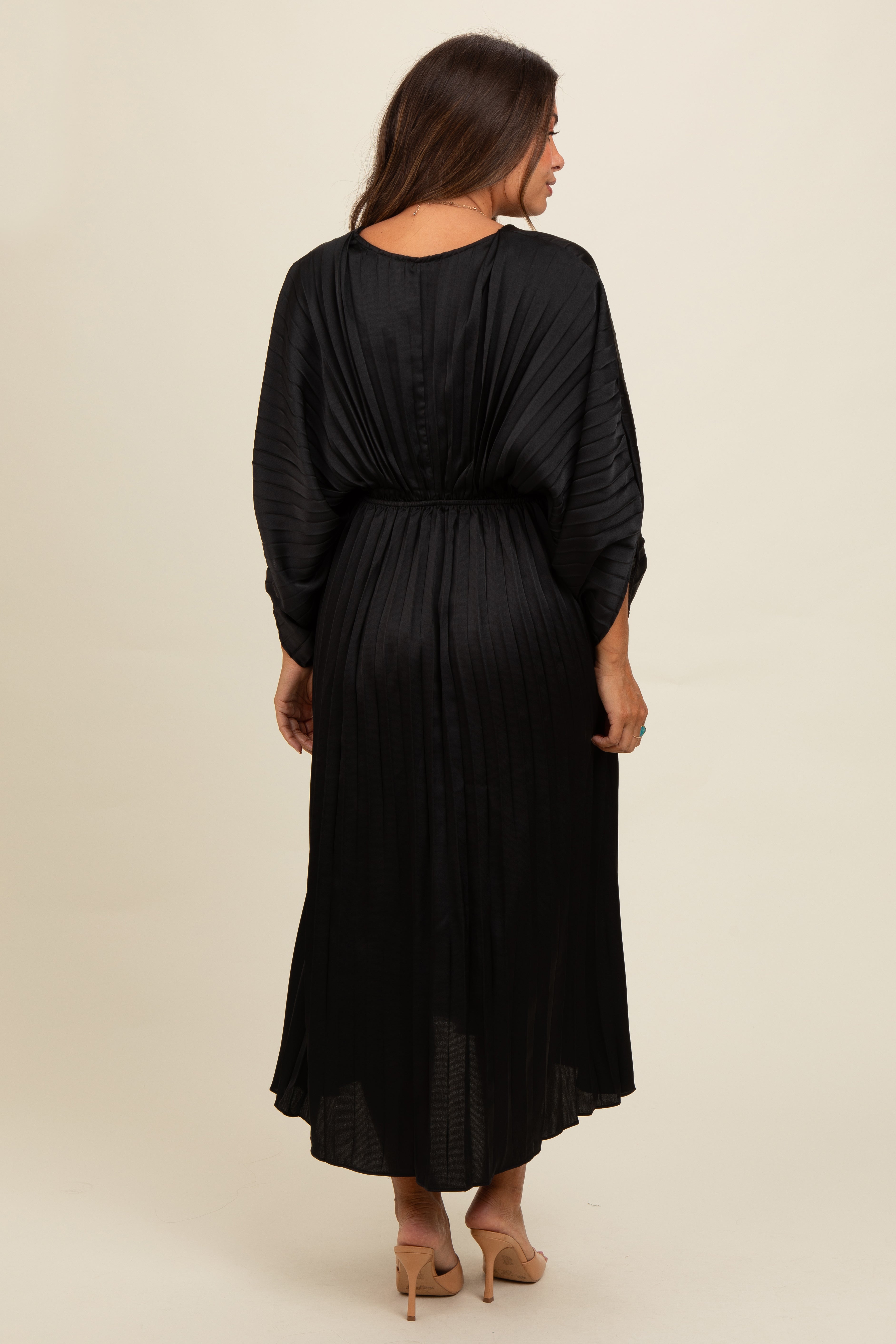 PinkBlush Black Satin Pleated V-Neck Maternity Maxi Dress - Detail View