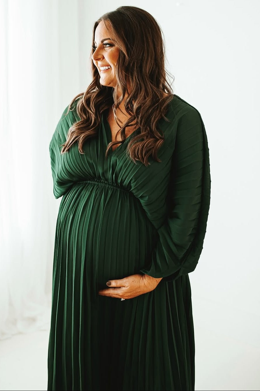 Forest Green Satin Pleated V-Neck Maternity Maxi Dress Forest Green Satin Pleated V-Neck Maternity Maxi Dress