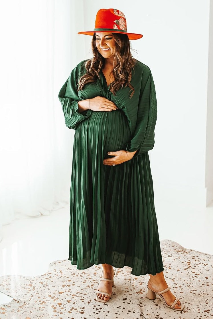 Forest Green Satin Pleated V-Neck Maternity Maxi Dress Forest Green Satin Pleated V-Neck Maternity Maxi Dress