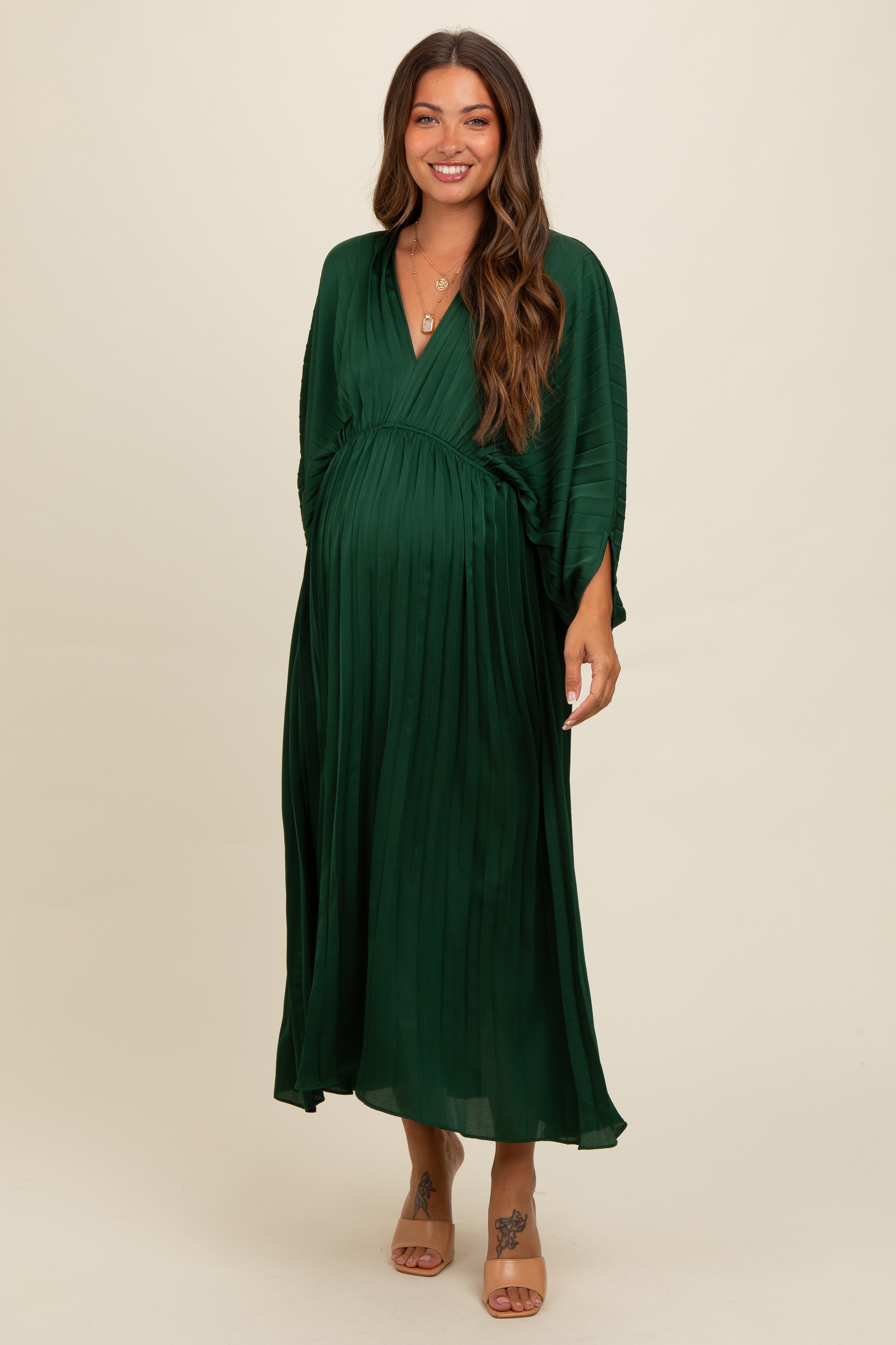 Forest Green Satin Pleated V-Neck Maternity Maxi Dress - Love Salve Forest Green Satin Pleated V-Neck Maternity Maxi Dress - Love Salve