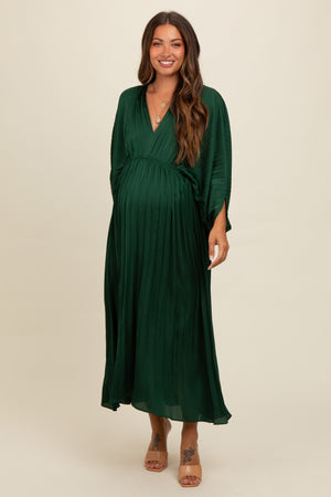 Forest Green Satin Pleated V-Neck Maternity Maxi Dress - Love Salve Forest Green Satin Pleated V-Neck Maternity Maxi Dress - Love Salve