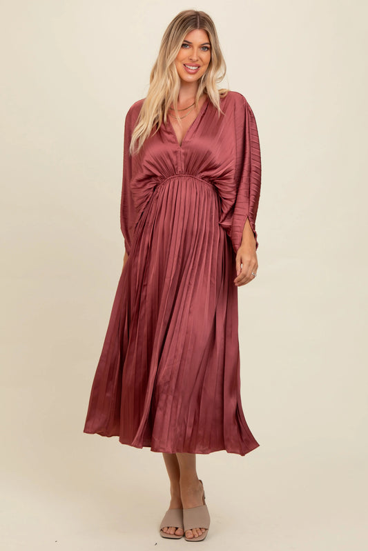 Mauve Satin Pleated V Neck Maxi Dress With Cinched Waist PinkBlush