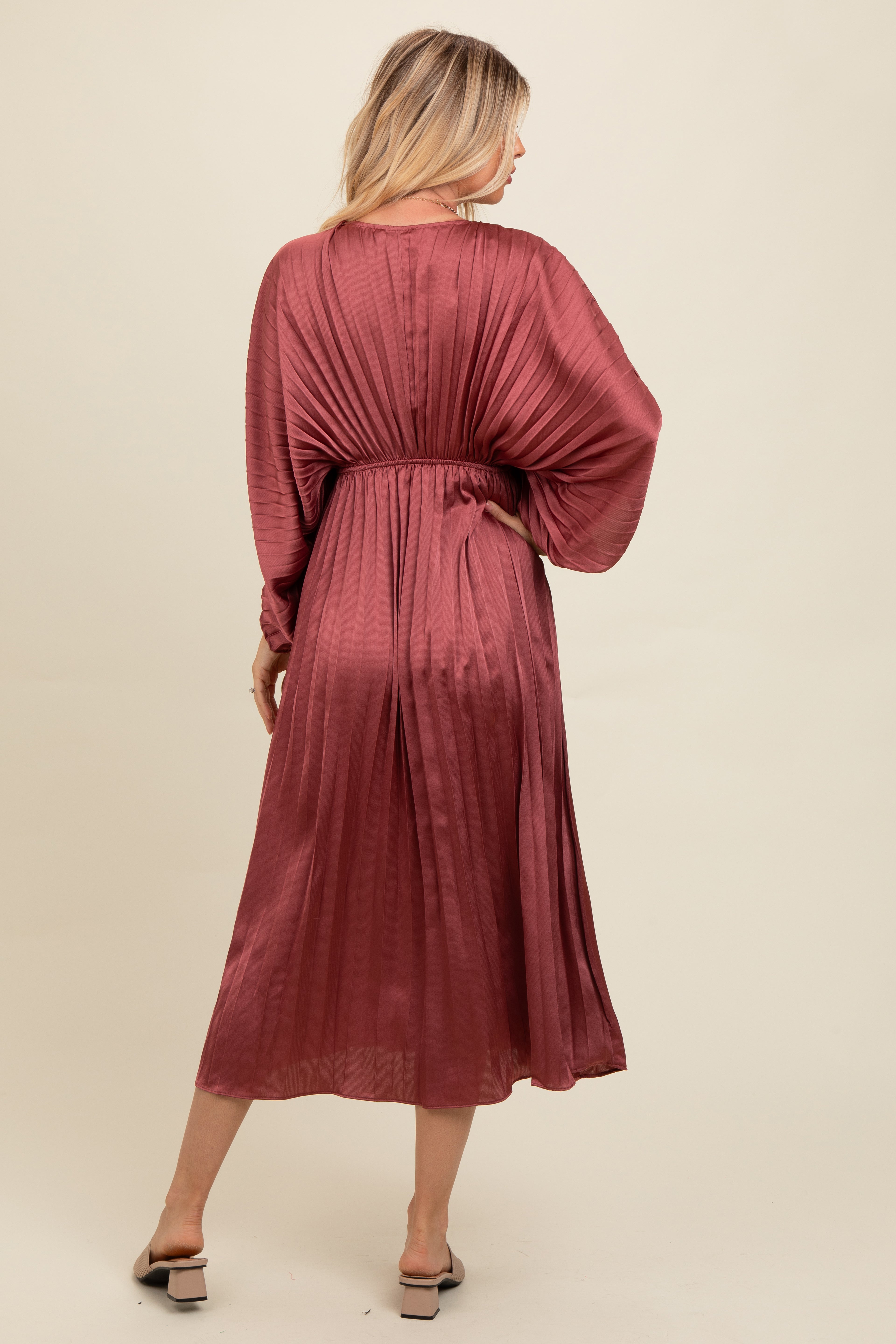 Mauve Satin Pleated V-Neck Maxi Dress