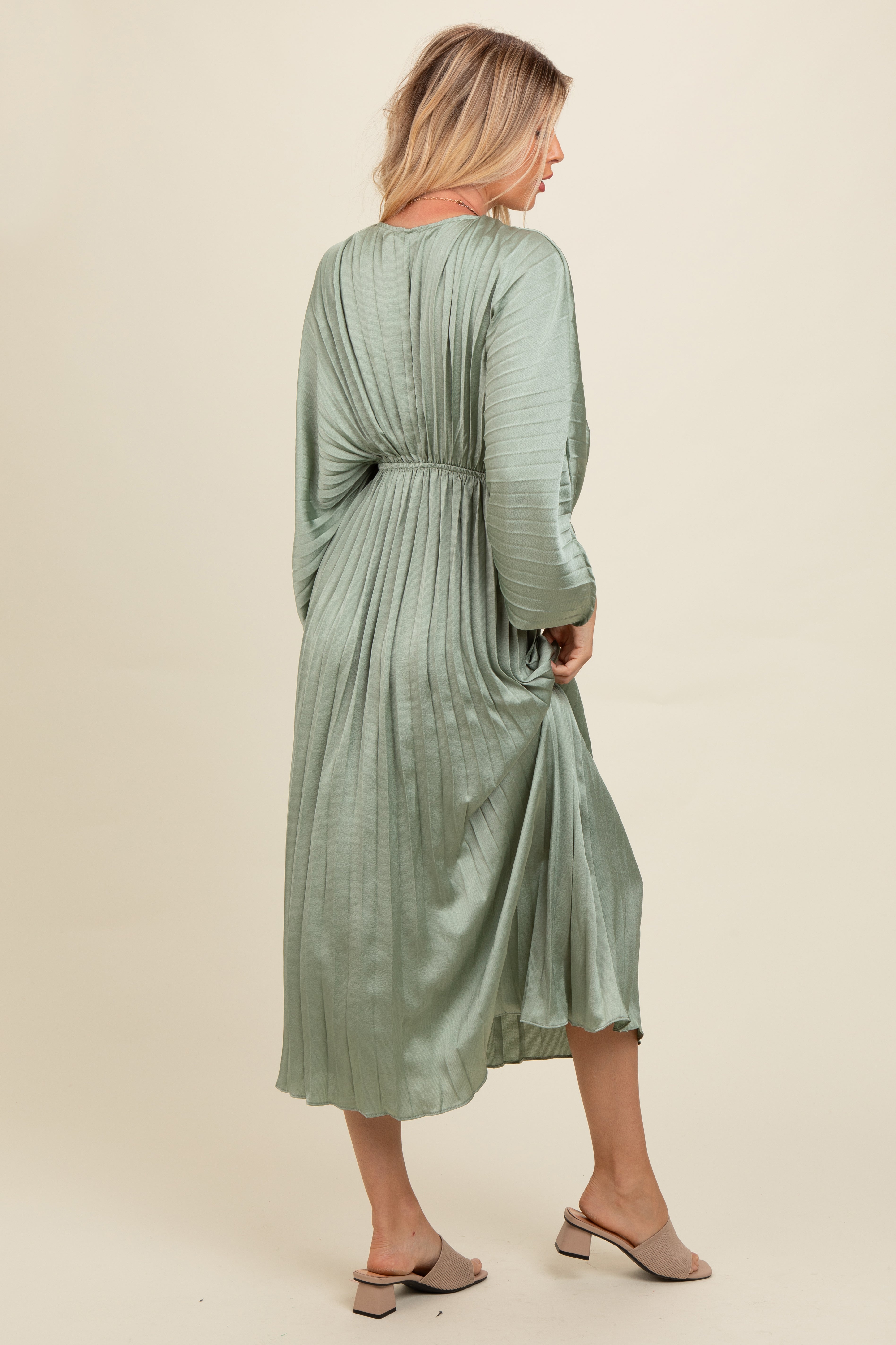 PinkBlush Light Olive Satin Pleated V-Neck Maxi Dress - Detail View