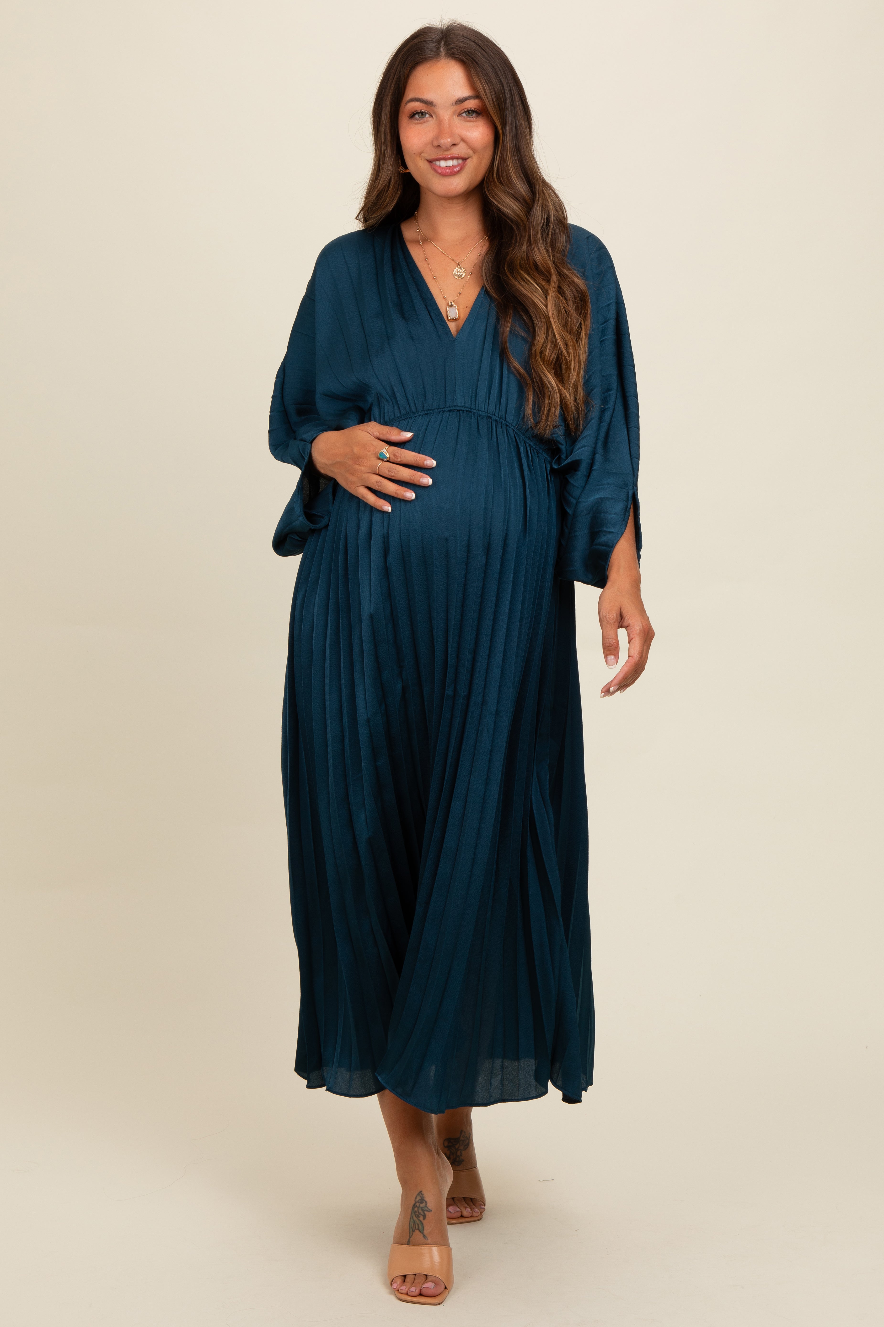 Teal Satin Pleated V-Neck Maternity Maxi Dress PinkBlush