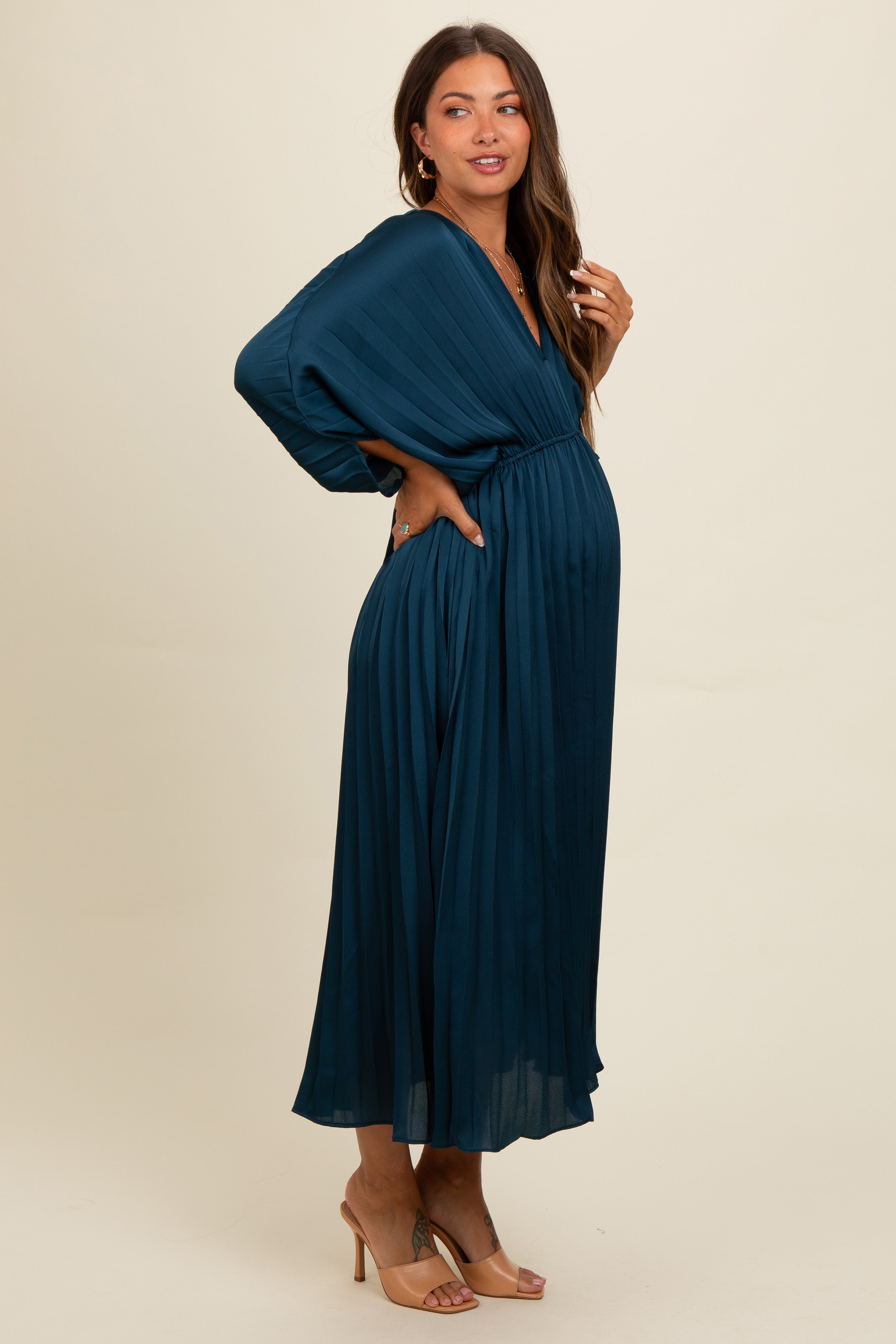 Teal Satin Pleated V-Neck Maternity Maxi Dress PinkBlush