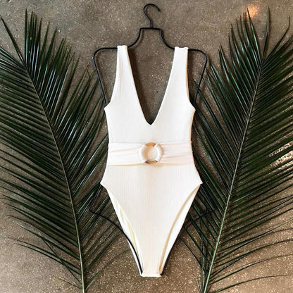 One-Piece Swimsuit Solid Color Belt Amber Ring One-Piece Swimsuit