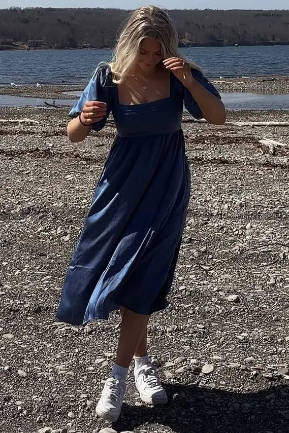 Blue Satin Pleated Bodice Puff Sleeve Midi Dress PinkBlush