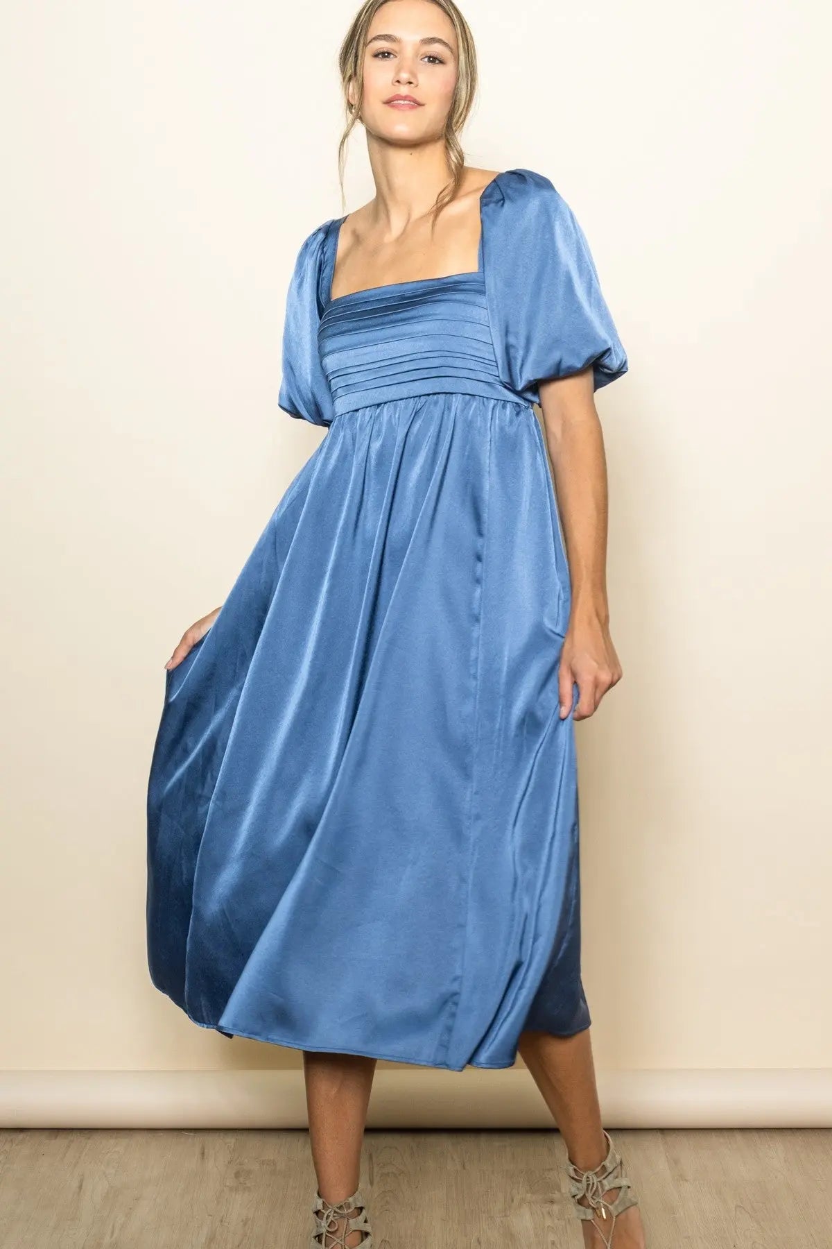 Blue Satin Pleated Bodice Puff Sleeve Midi Dress PinkBlush