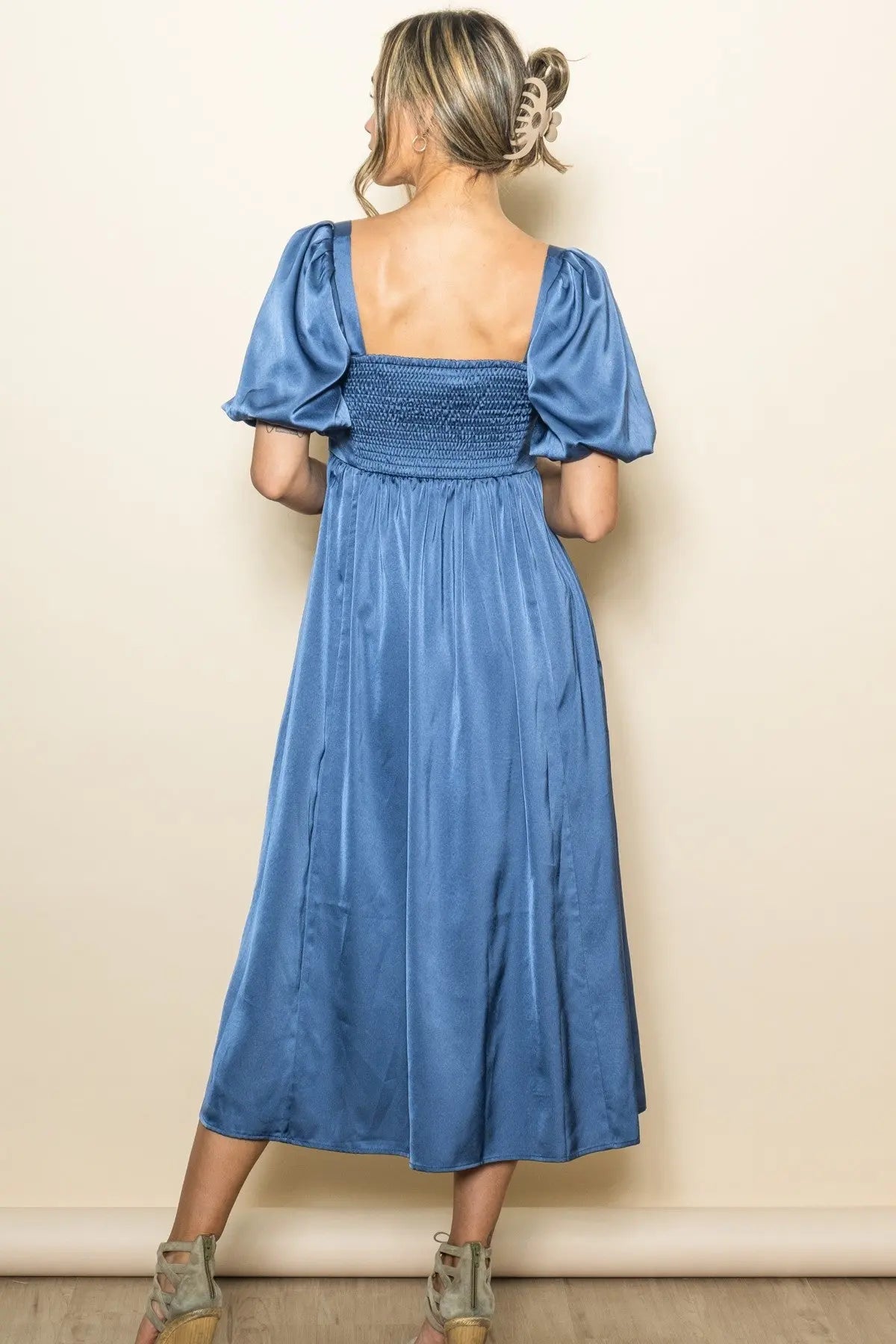 Blue Satin Pleated Bodice Puff Sleeve Midi Dress PinkBlush