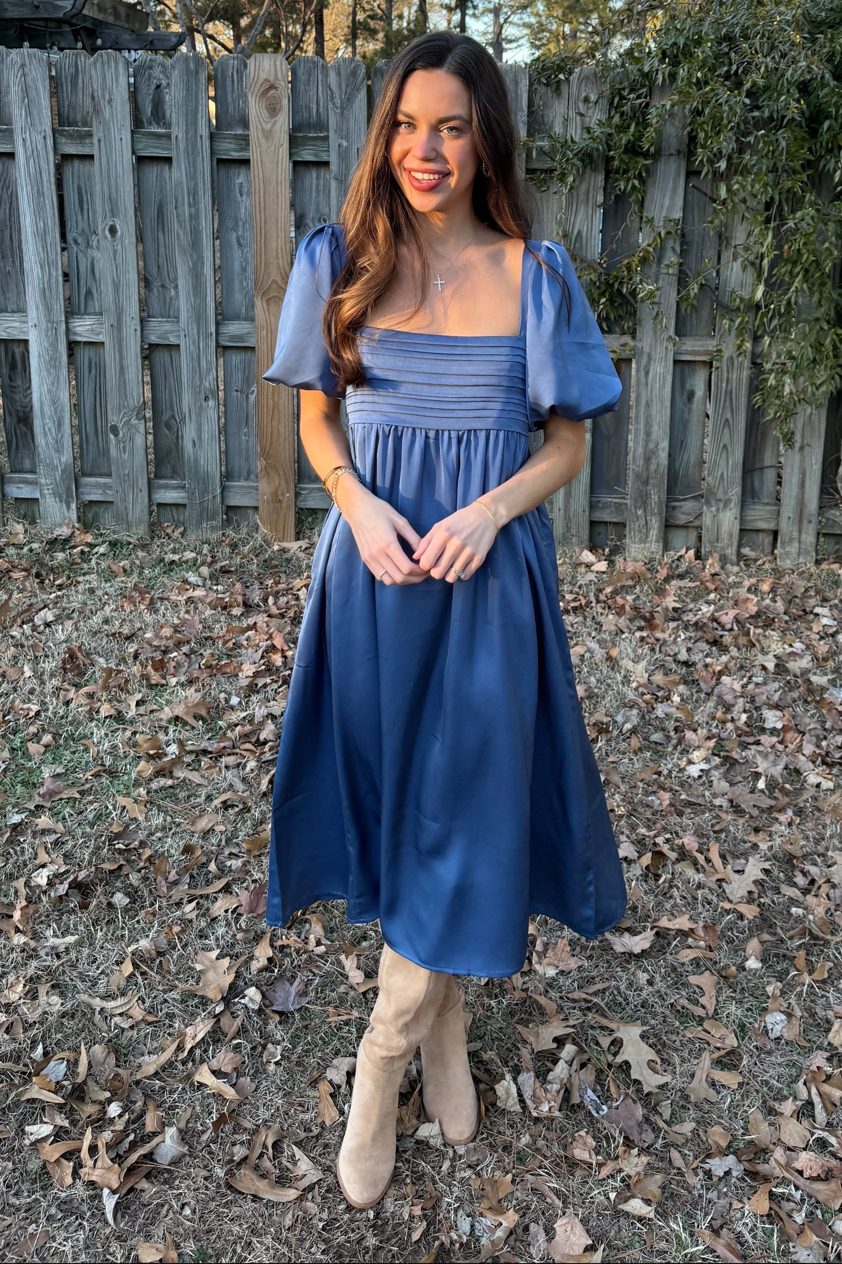 Blue Satin Pleated Bodice Puff Sleeve Midi Dress PinkBlush