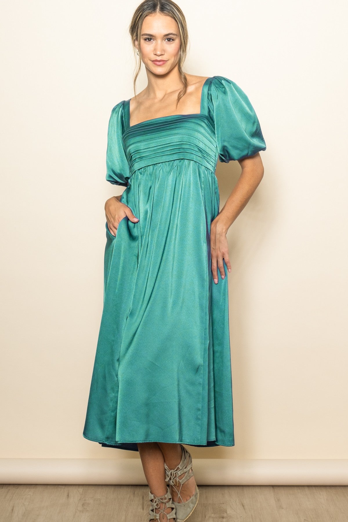 Emerald Green Satin Pleated Bodice Puff Sleeve Maternity Midi Dress PinkBlush