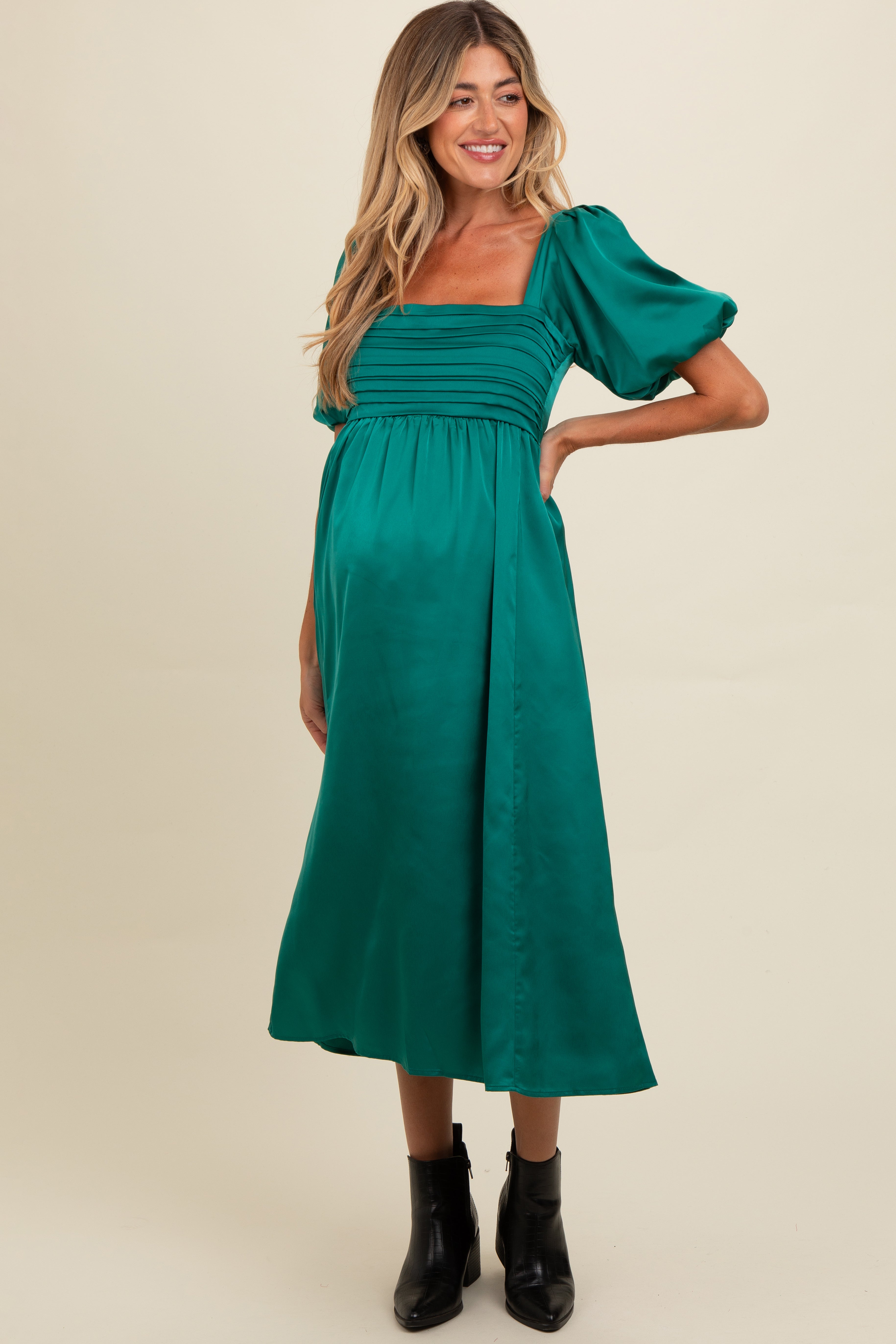 Emerald Green Satin Pleated Bodice Puff Sleeve Maternity Midi Dress PinkBlush