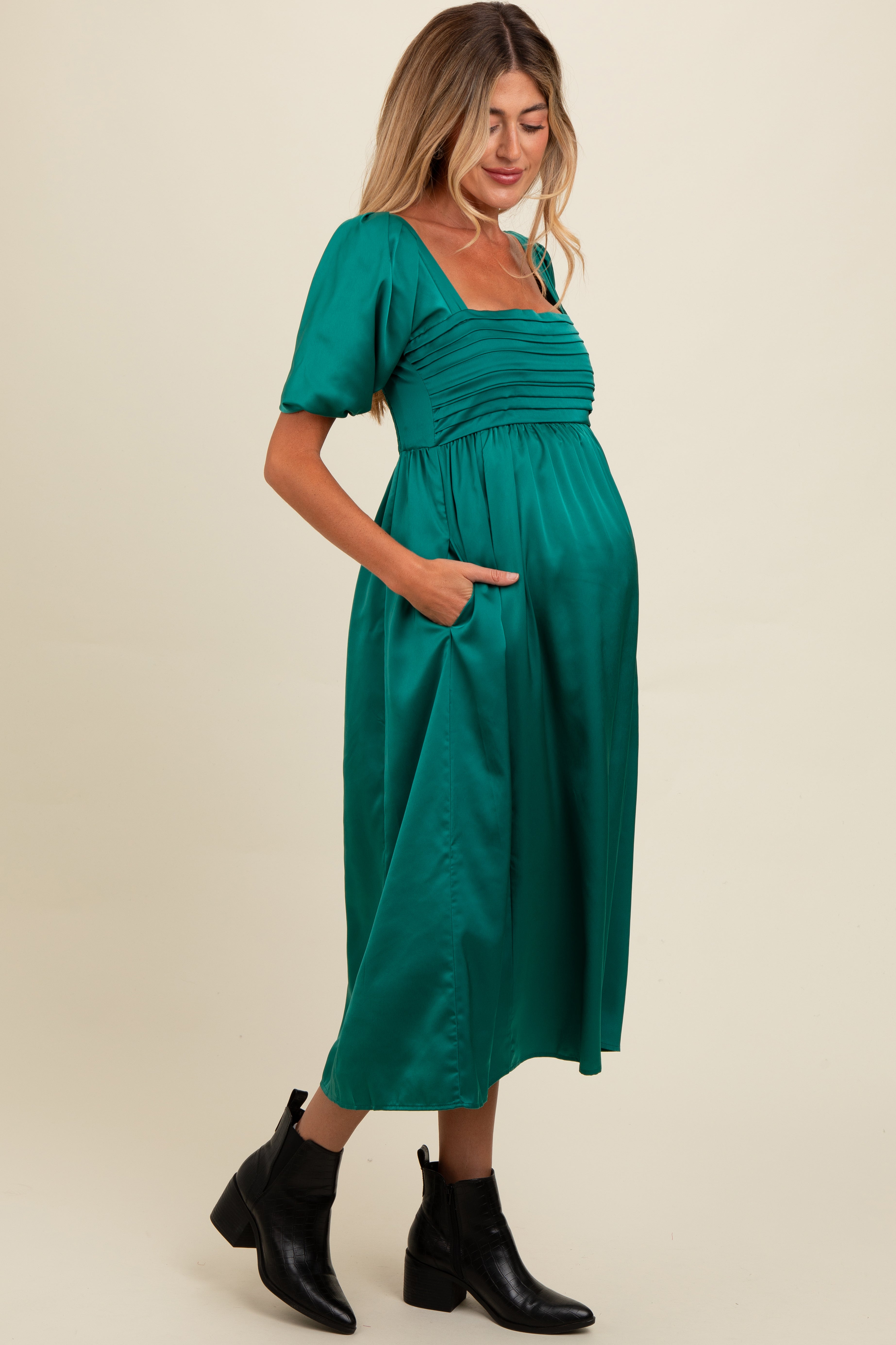 Emerald Green Satin Pleated Bodice Puff Sleeve Maternity Midi Dress PinkBlush