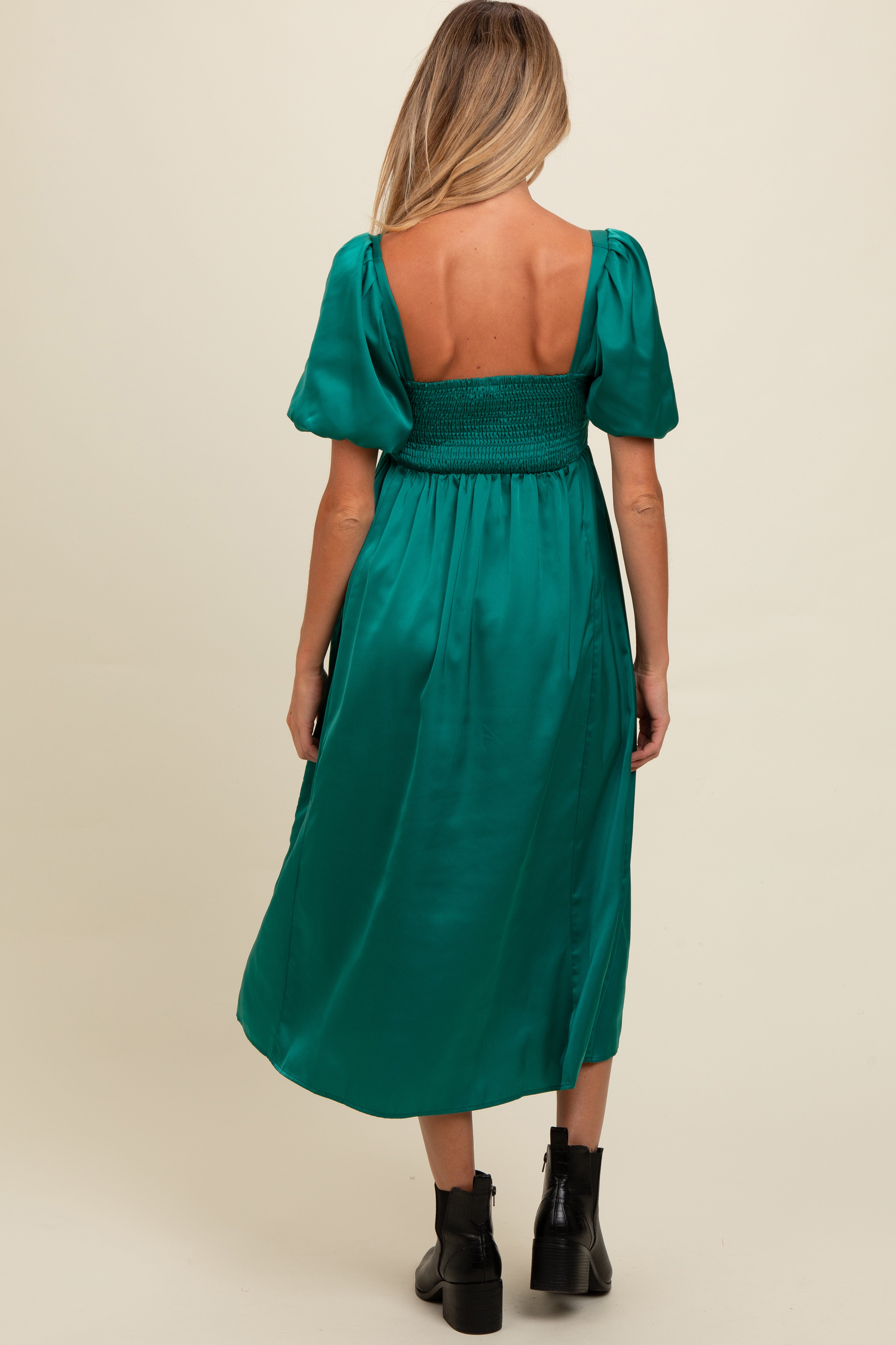 Emerald Green Satin Pleated Bodice Puff Sleeve Maternity Midi Dress PinkBlush