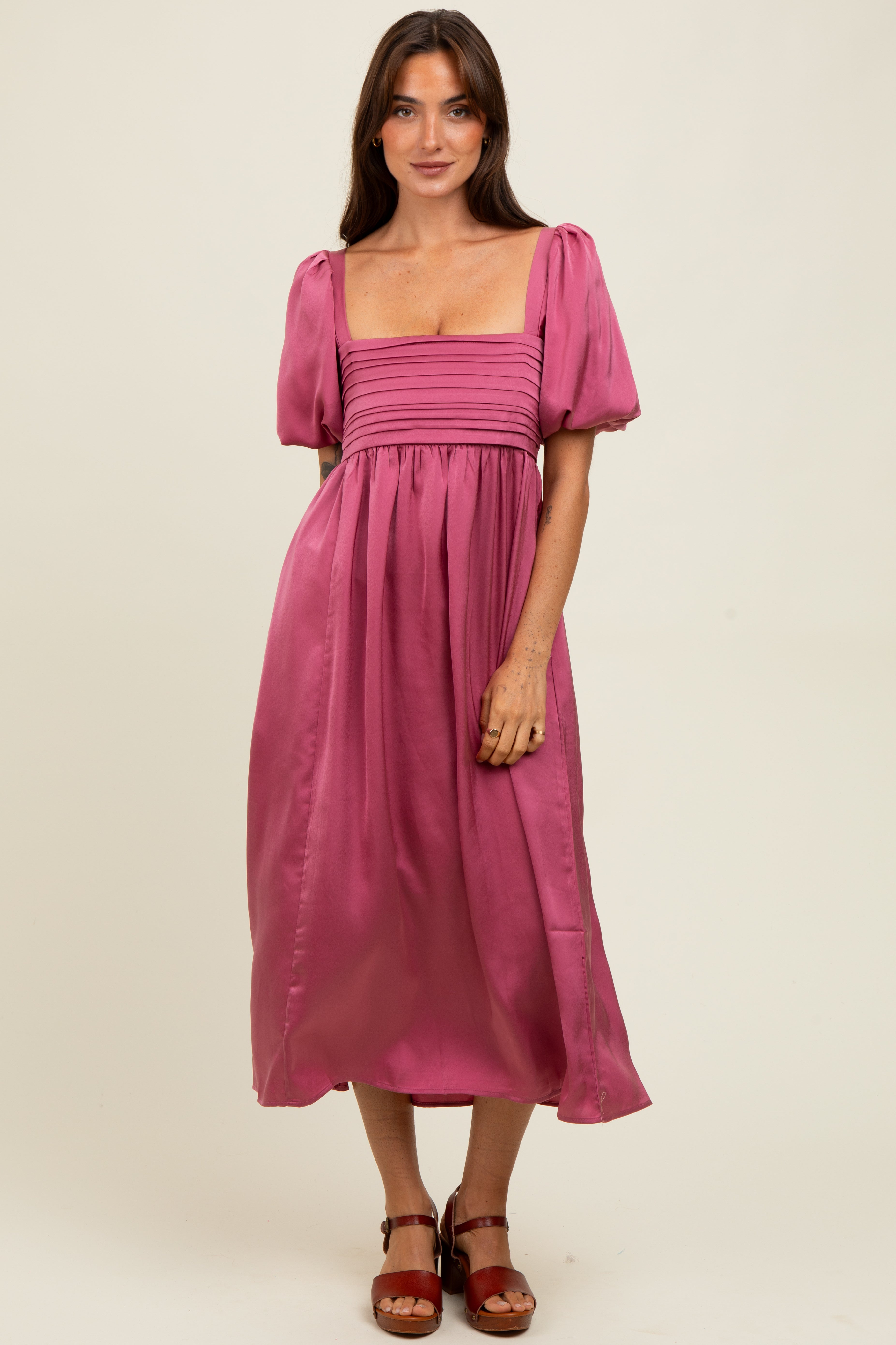 PinkBlush Mauve Satin Pleated Bodice Puff Sleeve Maternity Midi Dress - Full View