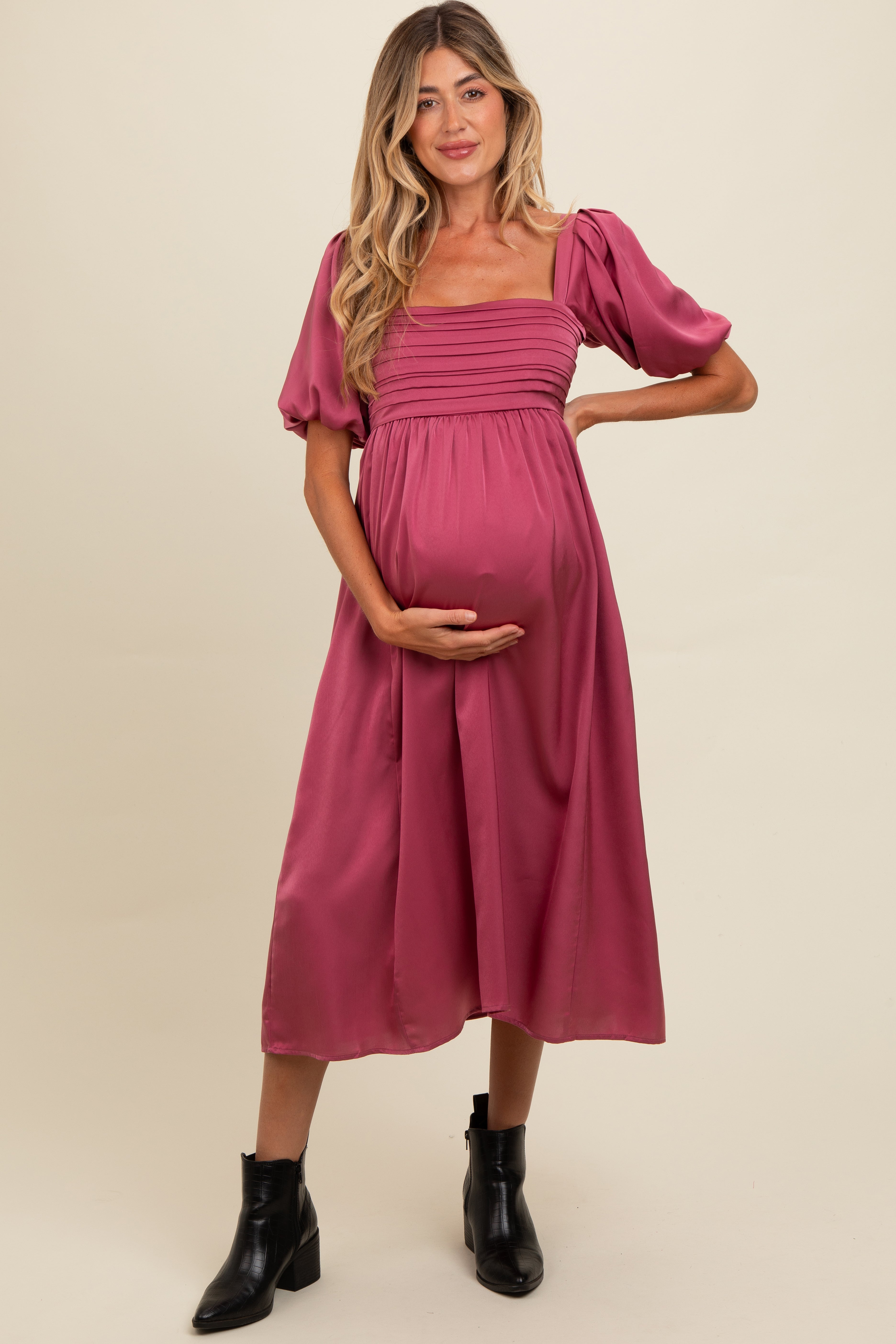 PinkBlush Mauve Satin Pleated Bodice Puff Sleeve Maternity Midi Dress - Alternate Angle