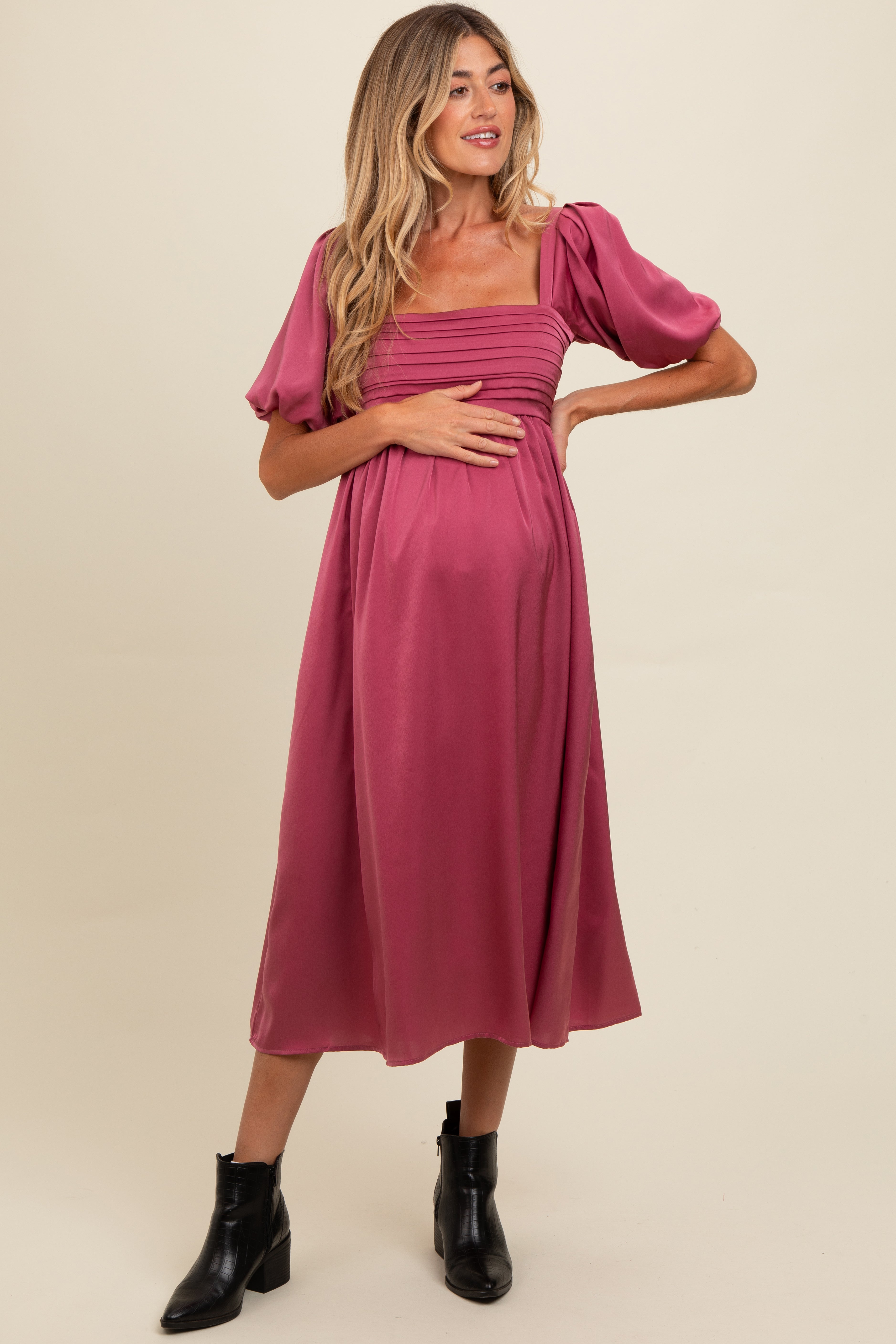 PinkBlush Mauve Satin Pleated Bodice Puff Sleeve Maternity Midi Dress - Main Product Image