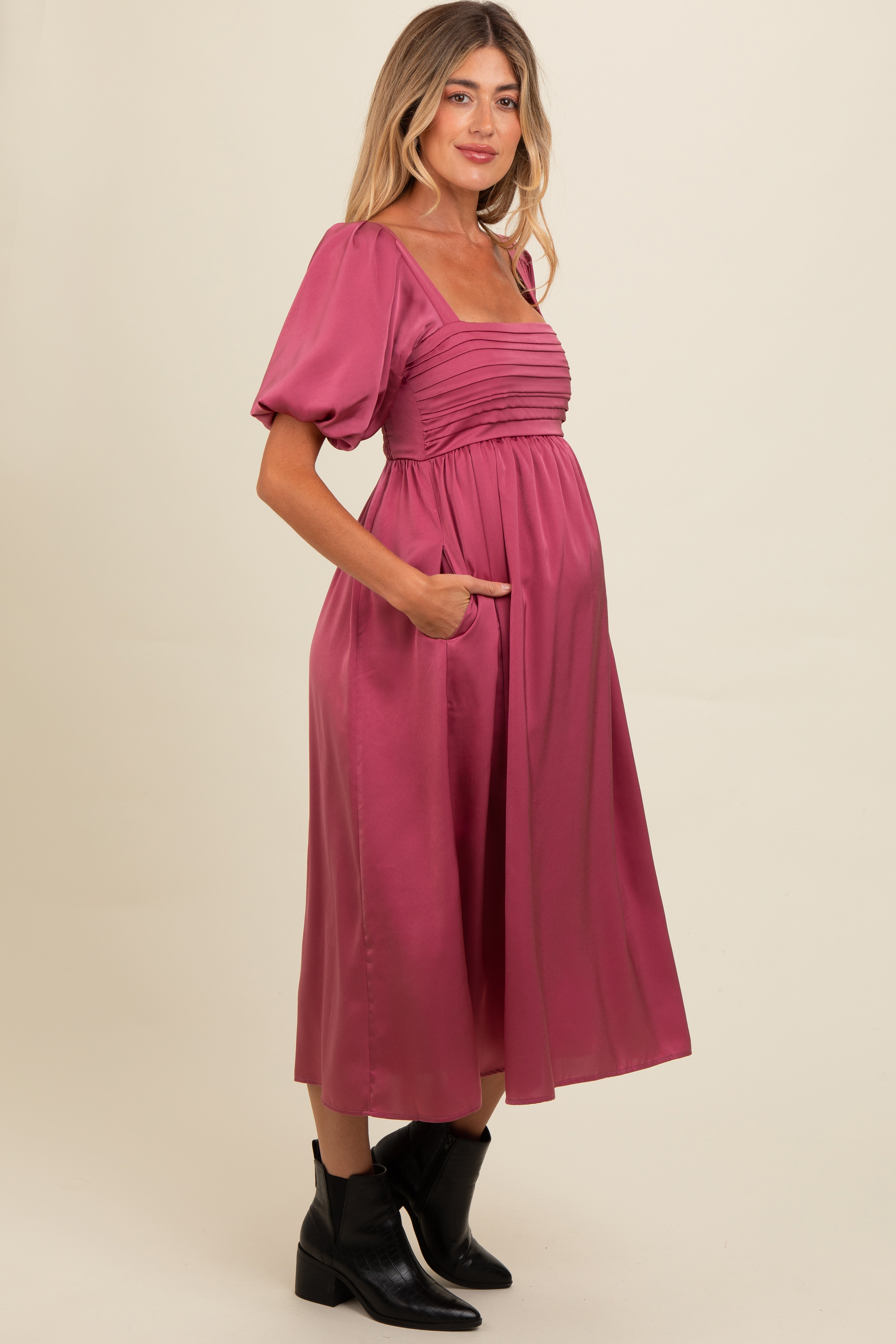 PinkBlush Mauve Satin Pleated Bodice Puff Sleeve Maternity Midi Dress - Detail View