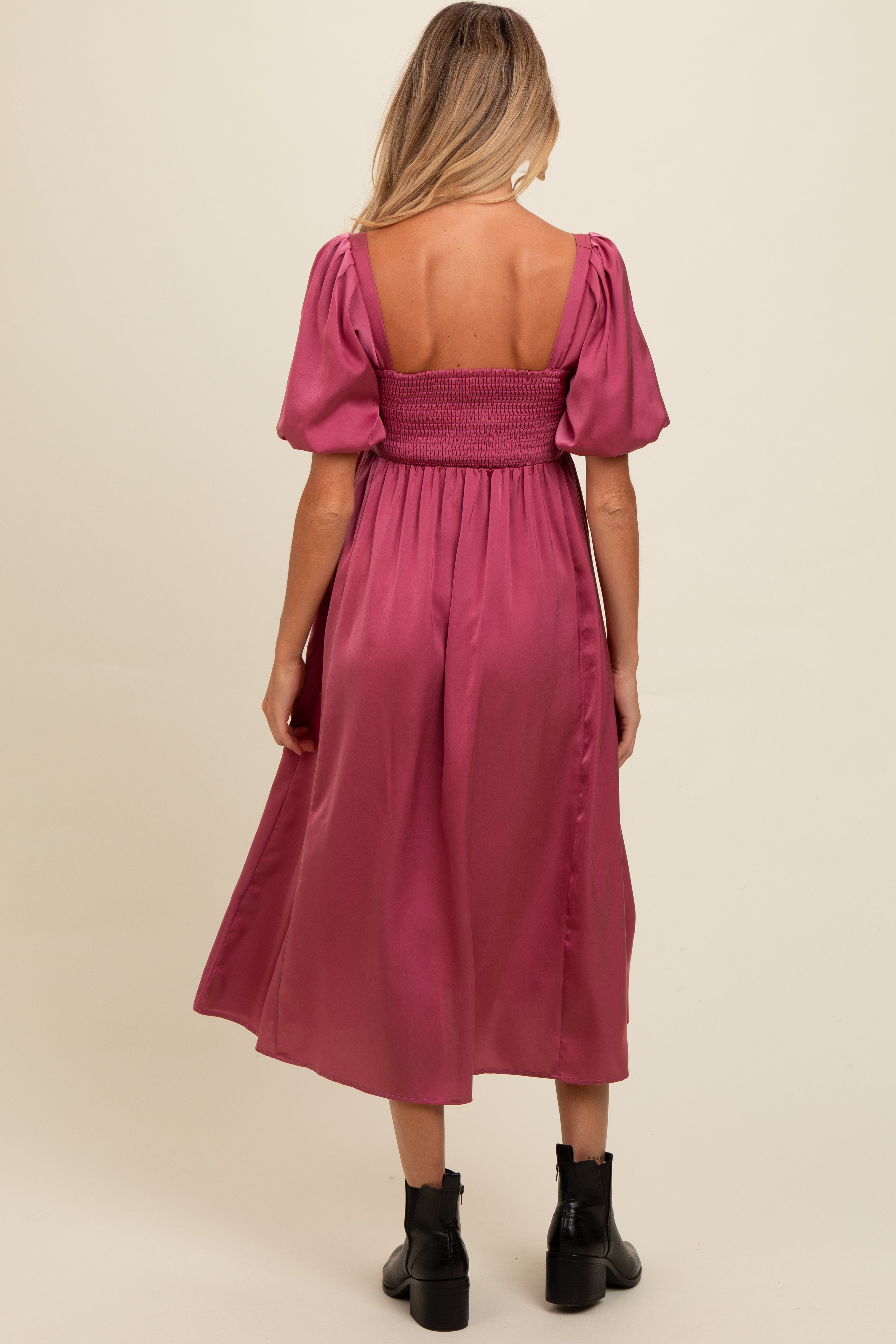 PinkBlush Mauve Satin Pleated Bodice Puff Sleeve Maternity Midi Dress - Close Up