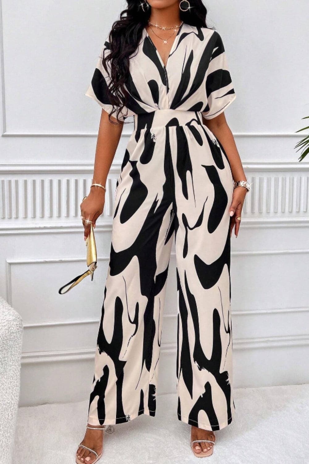 Printed V-Neck Short Sleeve Wide Leg Jumpsuit.