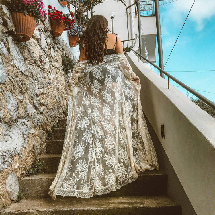 Sexy Lace Lace Panel Long-sleeve Beach Swimsuit Blouse Coat Bella Mia